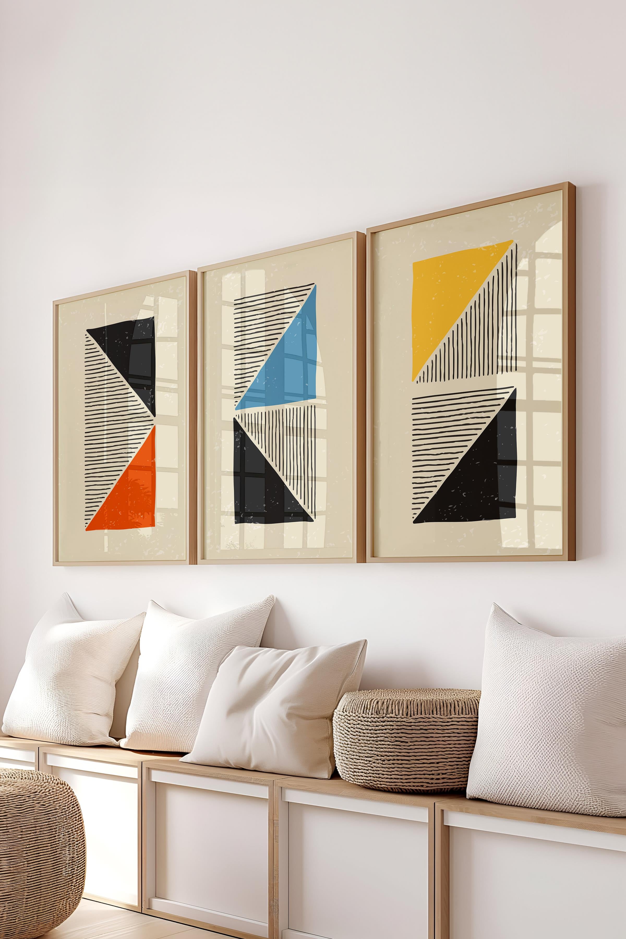 Çerçeveli Tablo Seti, 3 Adet Ahşap Çerçeve ve Geometrik Temalı Poster Seti, Duvar Tablosu No:300656