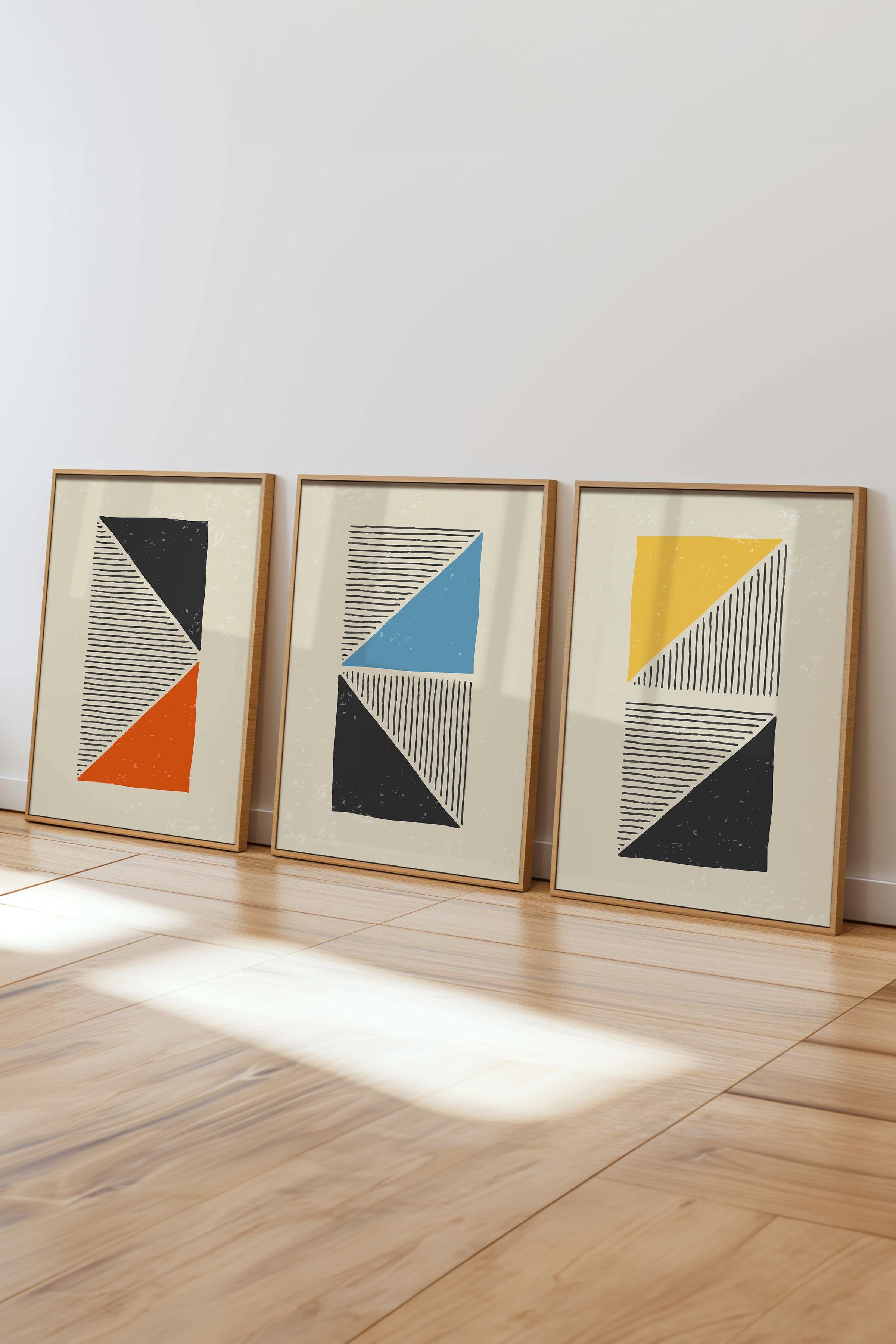 Çerçeveli Tablo Seti, 3 Adet Ahşap Çerçeve ve Geometrik Temalı Poster Seti, Duvar Tablosu No:300656