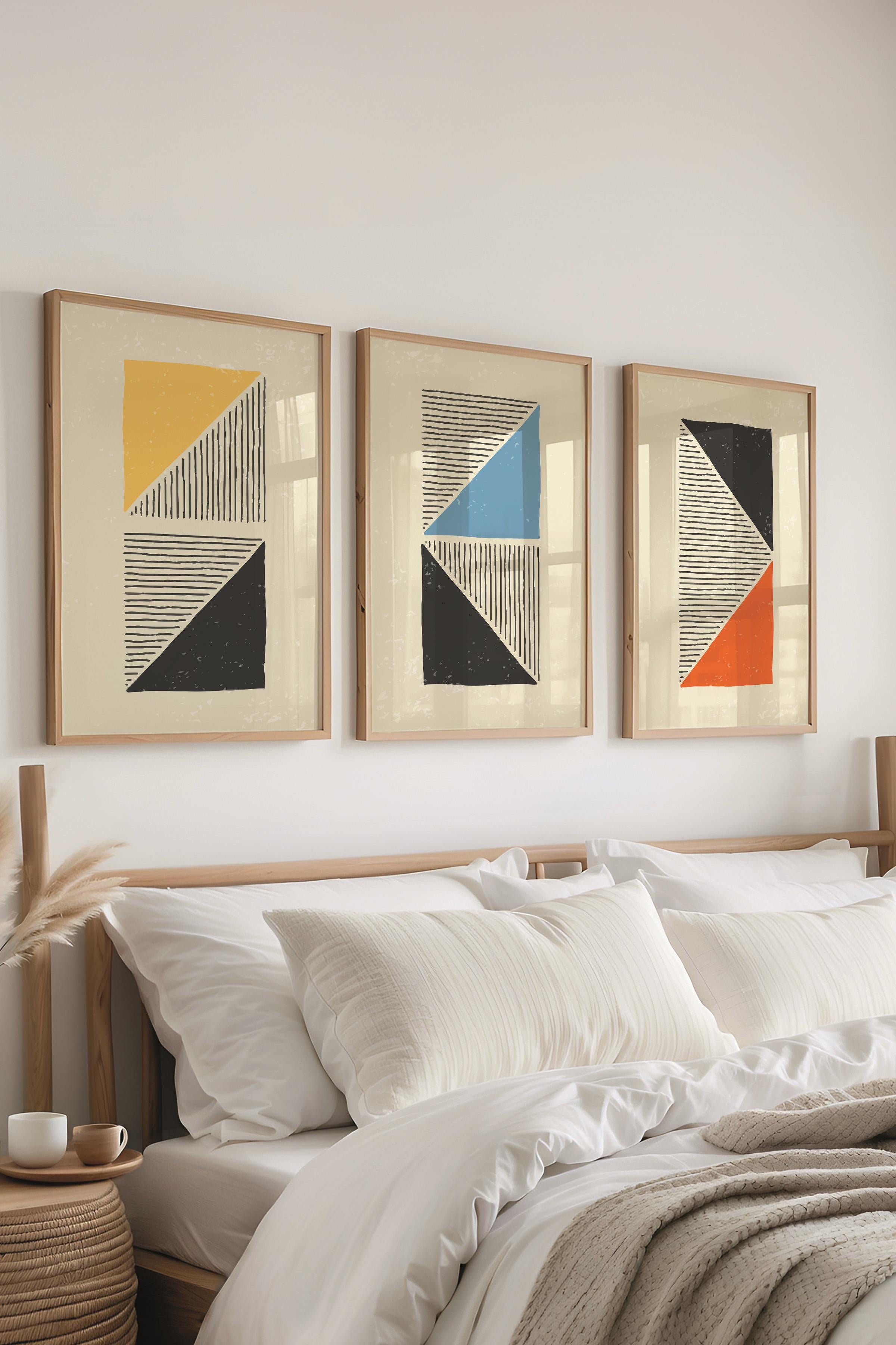 Çerçeveli Tablo Seti, 3 Adet Ahşap Çerçeve ve Geometrik Temalı Poster Seti, Duvar Tablosu No:300656
