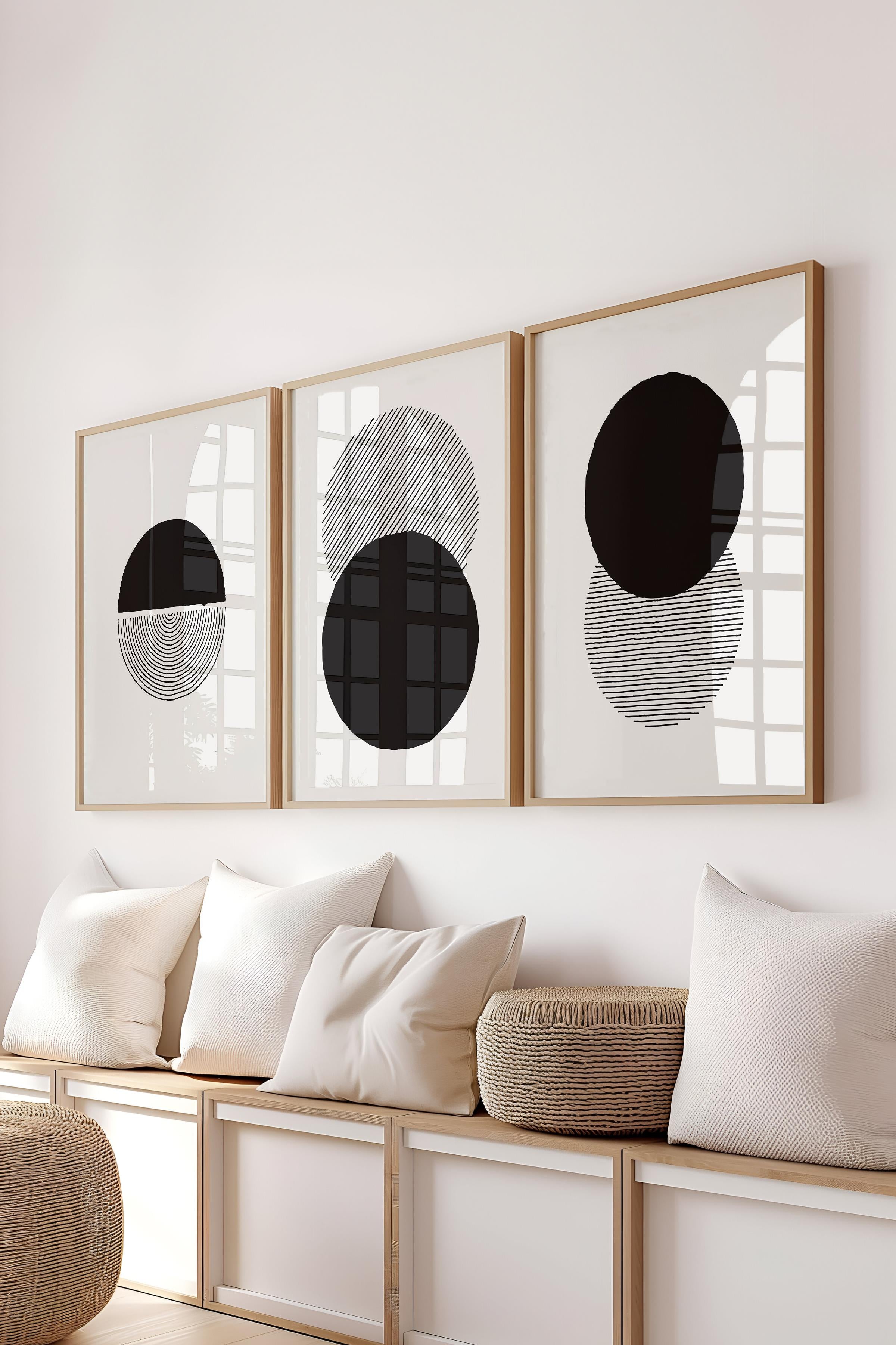 Çerçeveli Tablo Seti, 3 Adet Ahşap Çerçeve ve Geometrik Temalı Poster Seti, Duvar Tablosu No:300657