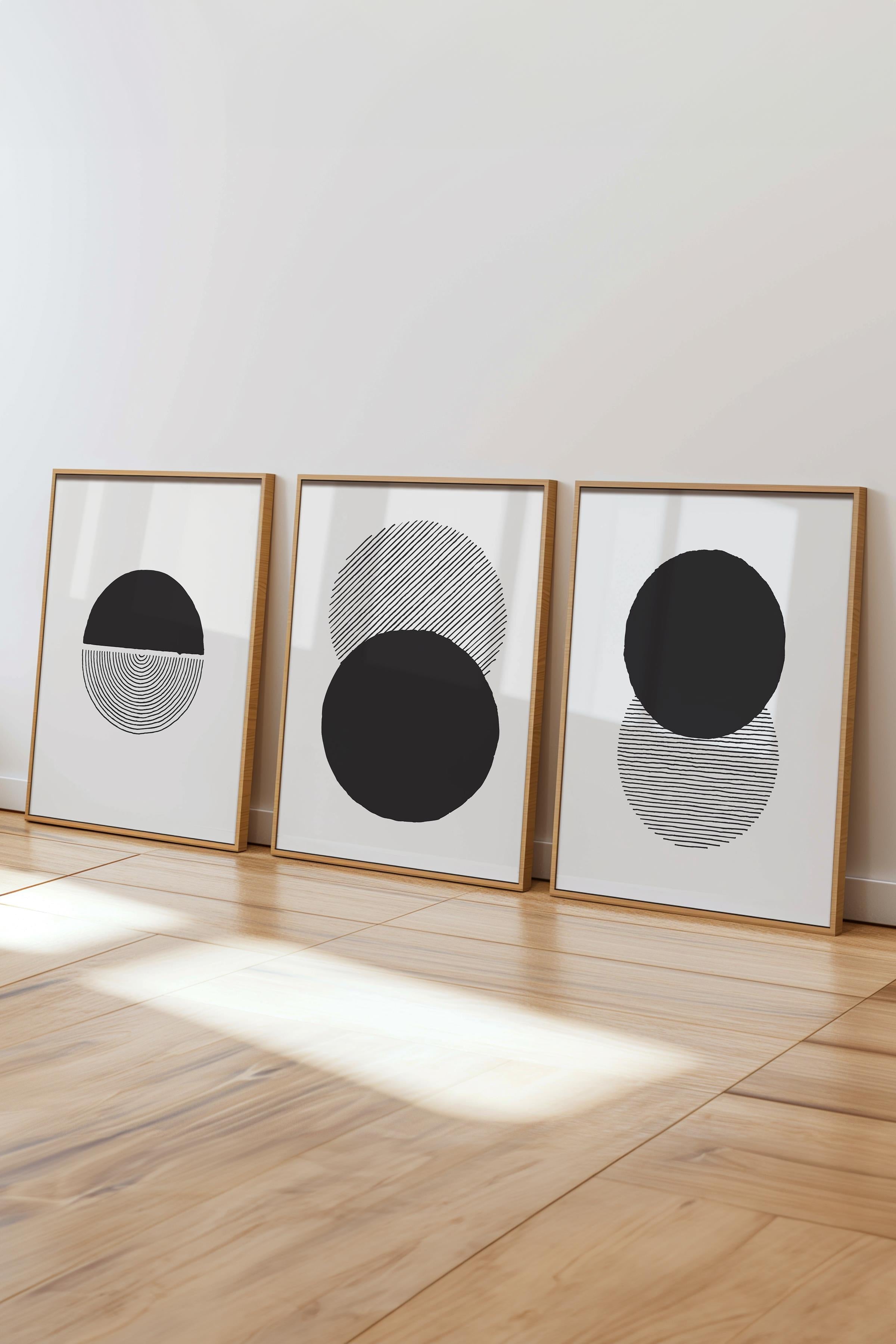 Çerçeveli Tablo Seti, 3 Adet Ahşap Çerçeve ve Geometrik Temalı Poster Seti, Duvar Tablosu No:300657