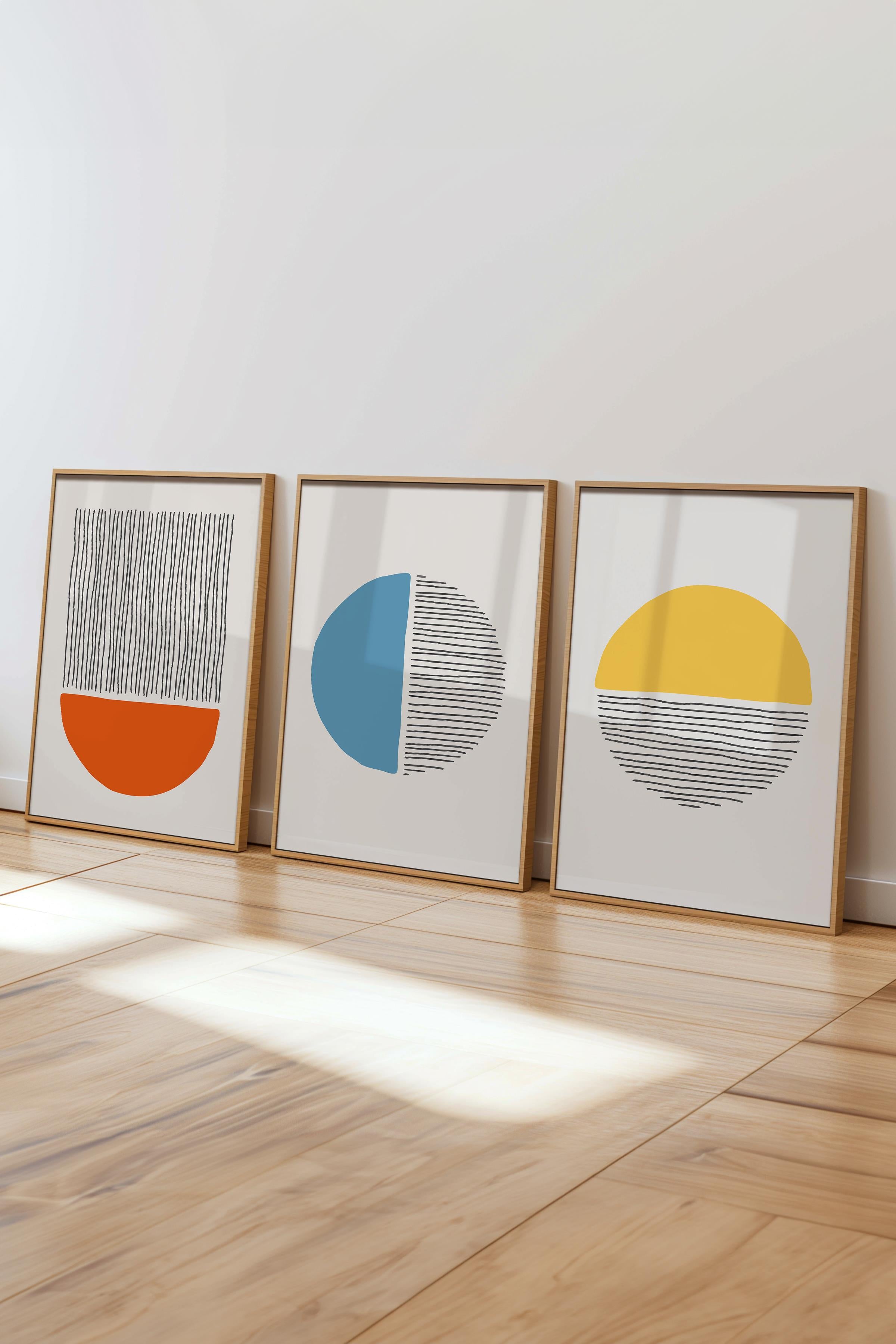 Çerçeveli Tablo Seti, 3 Adet Ahşap Çerçeve ve Geometrik Temalı Poster Seti, Duvar Tablosu No:300658