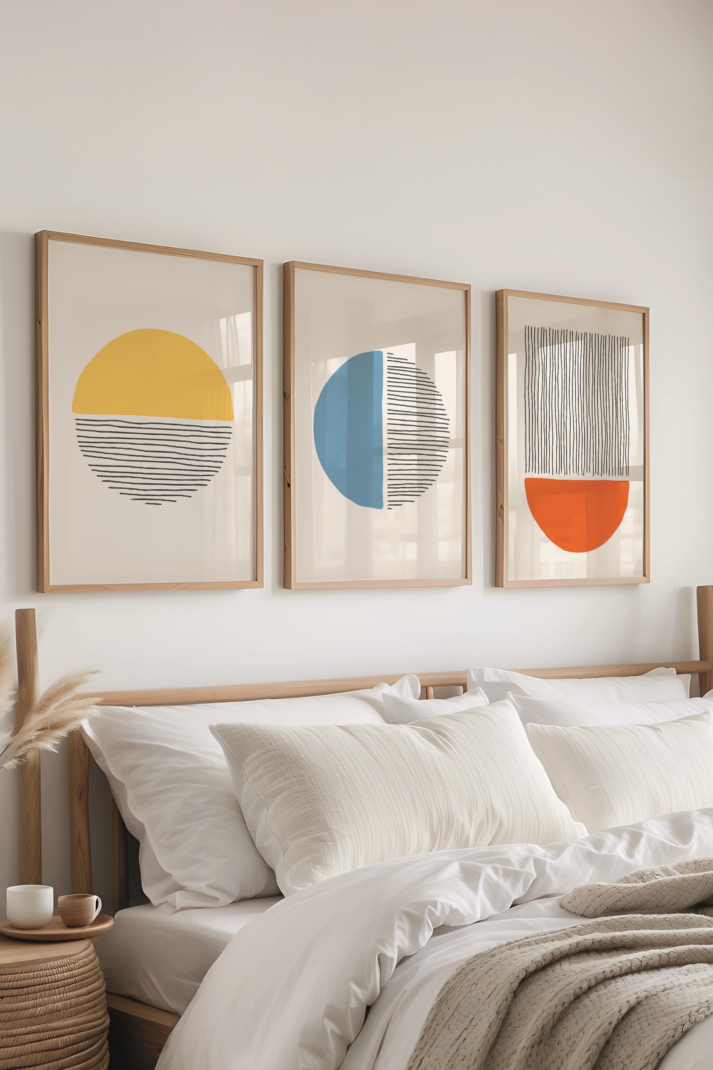 Çerçeveli Tablo Seti, 3 Adet Ahşap Çerçeve ve Geometrik Temalı Poster Seti, Duvar Tablosu No:300658