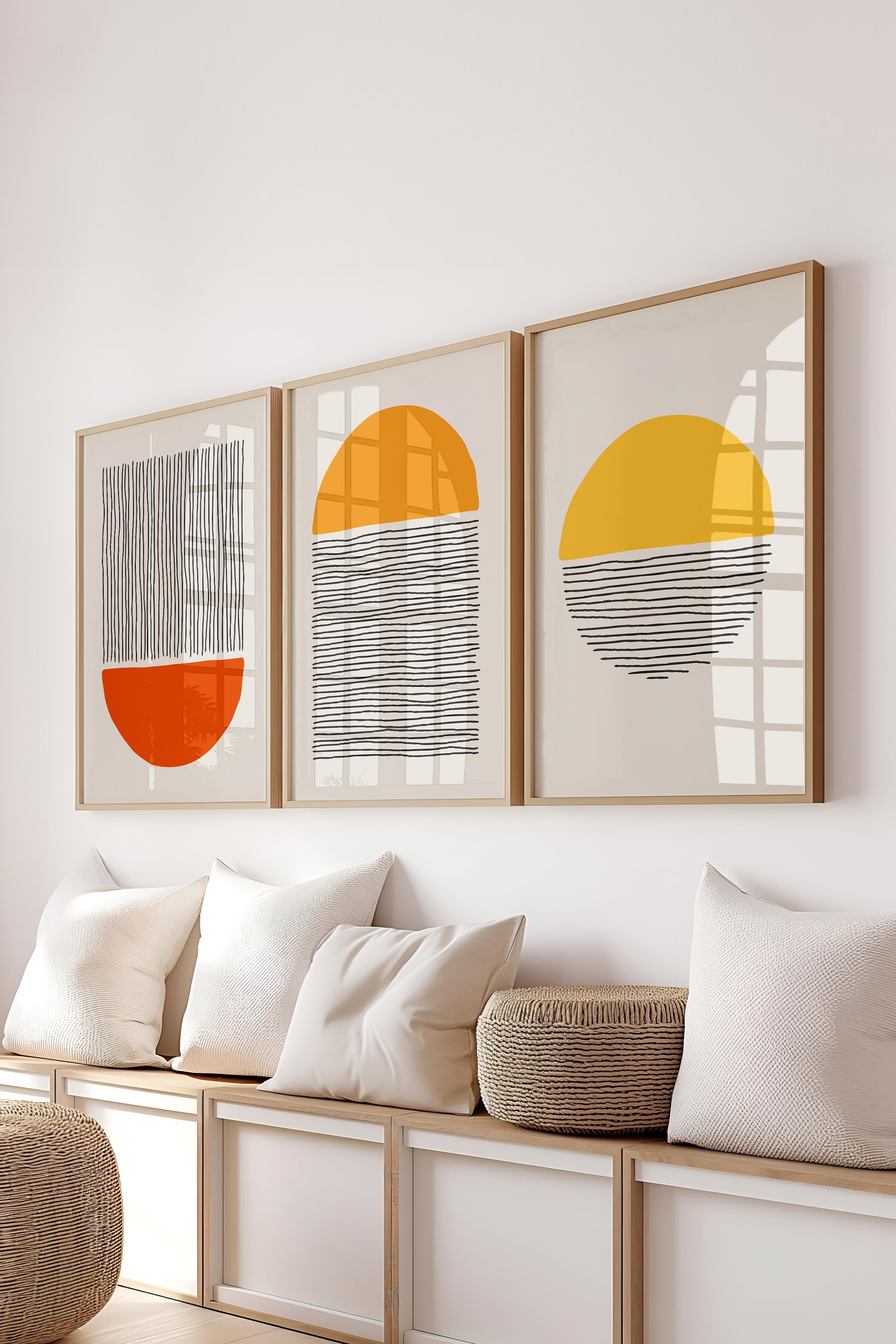 Çerçeveli Tablo Seti, 3 Adet Ahşap Çerçeve ve Geometrik Temalı Poster Seti, Duvar Tablosu No:300659