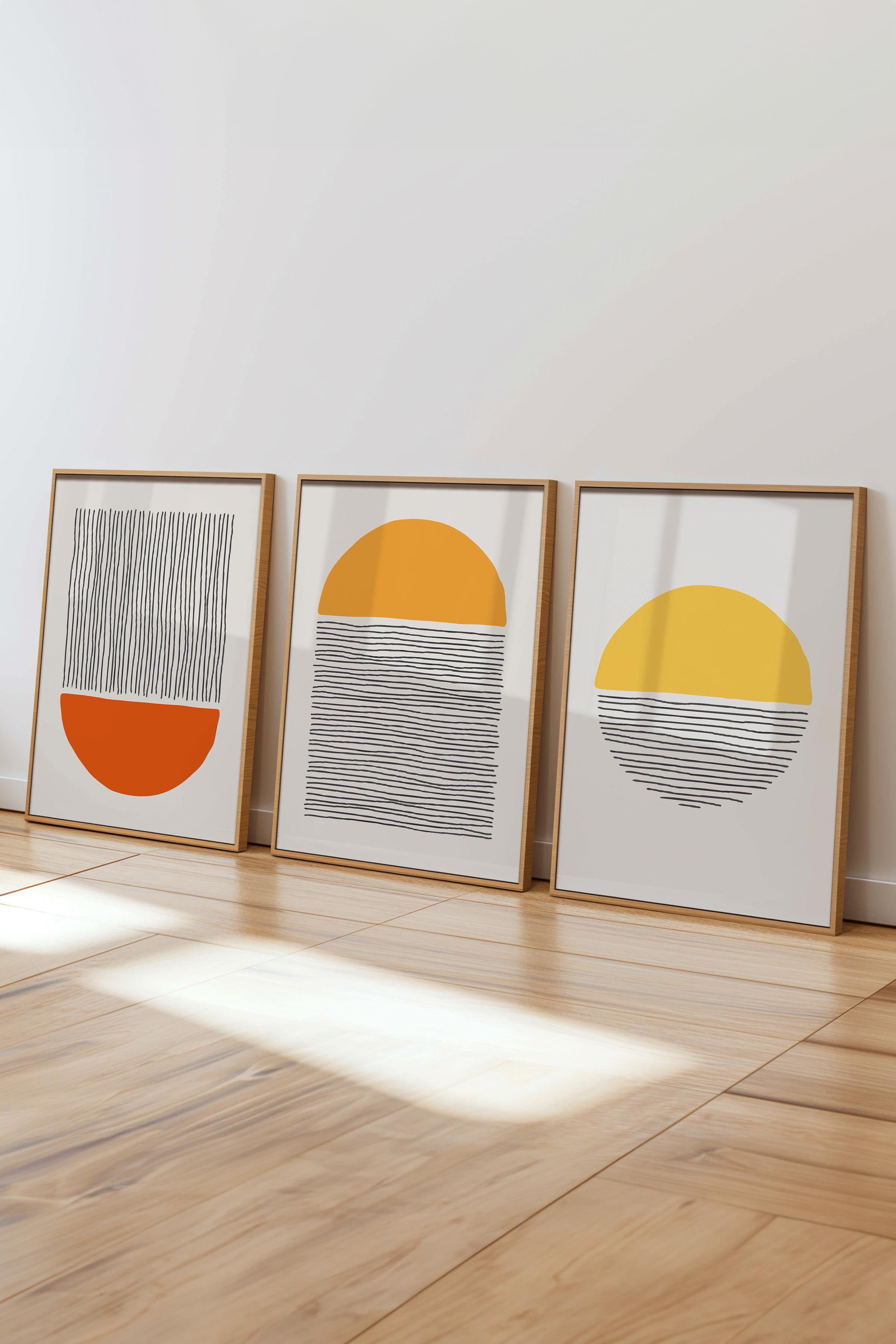 Çerçeveli Tablo Seti, 3 Adet Ahşap Çerçeve ve Geometrik Temalı Poster Seti, Duvar Tablosu No:300659
