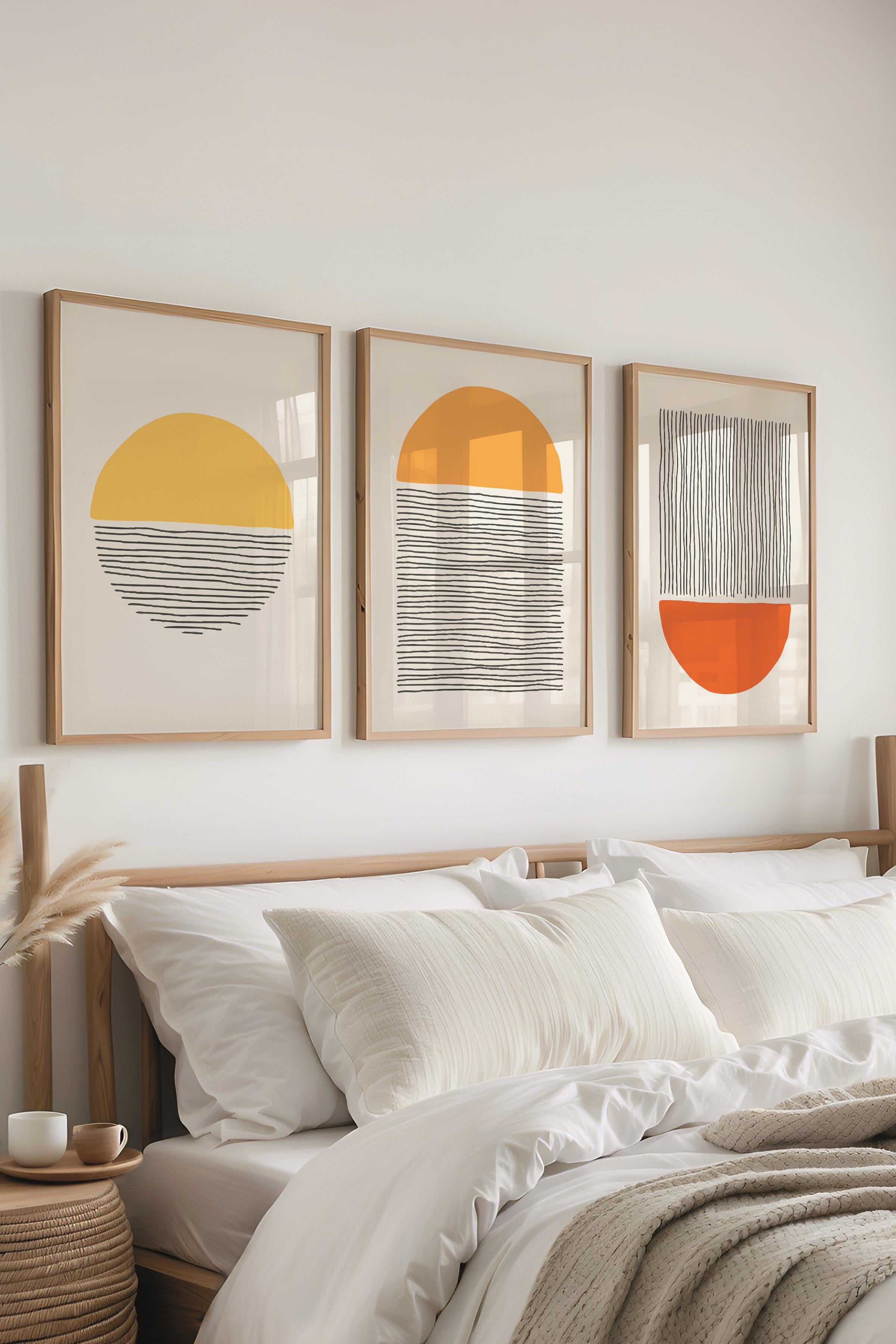 Çerçeveli Tablo Seti, 3 Adet Ahşap Çerçeve ve Geometrik Temalı Poster Seti, Duvar Tablosu No:300659