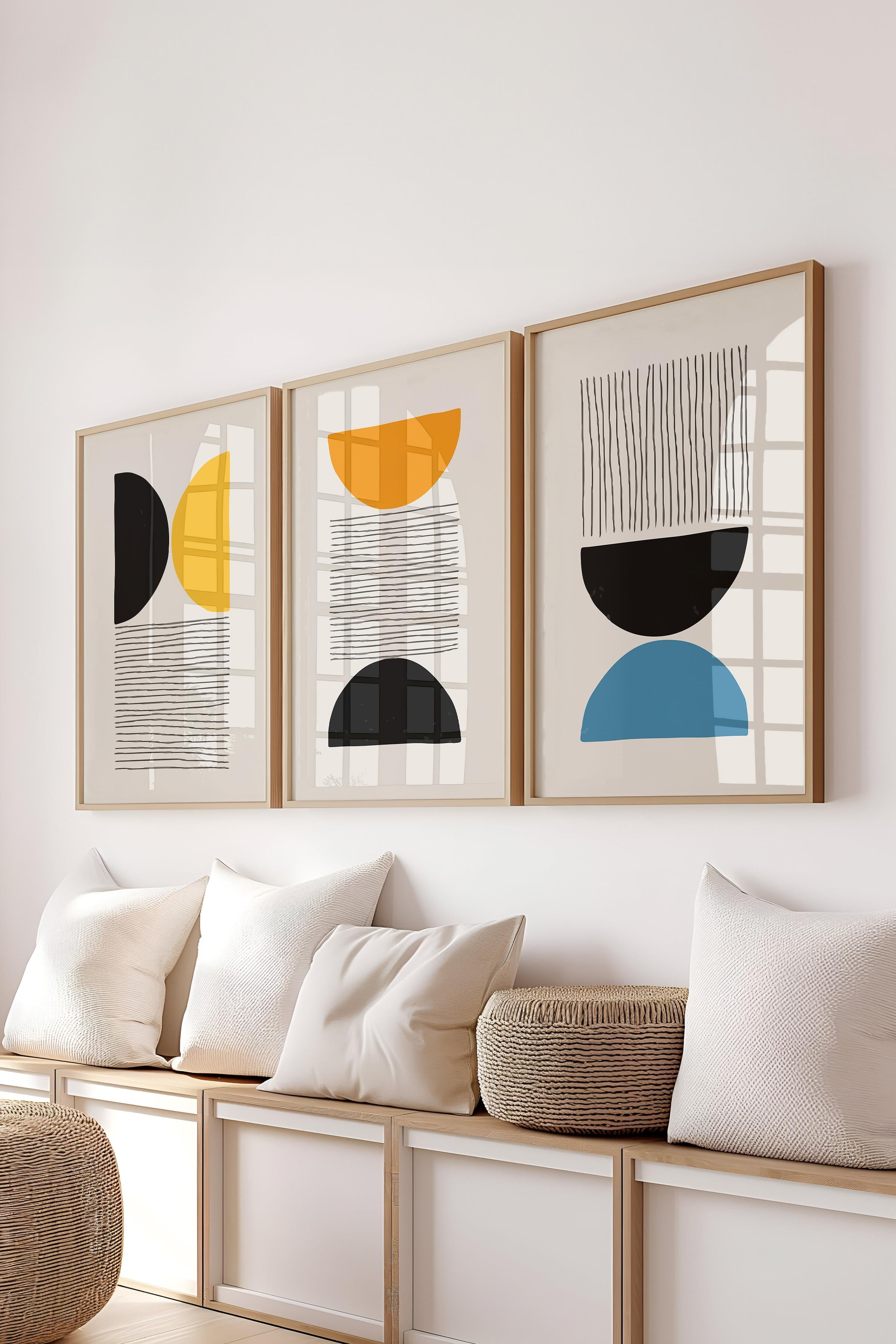 Çerçeveli Tablo Seti, 3 Adet Ahşap Çerçeve ve Geometrik Temalı Poster Seti, Duvar Tablosu No:300660