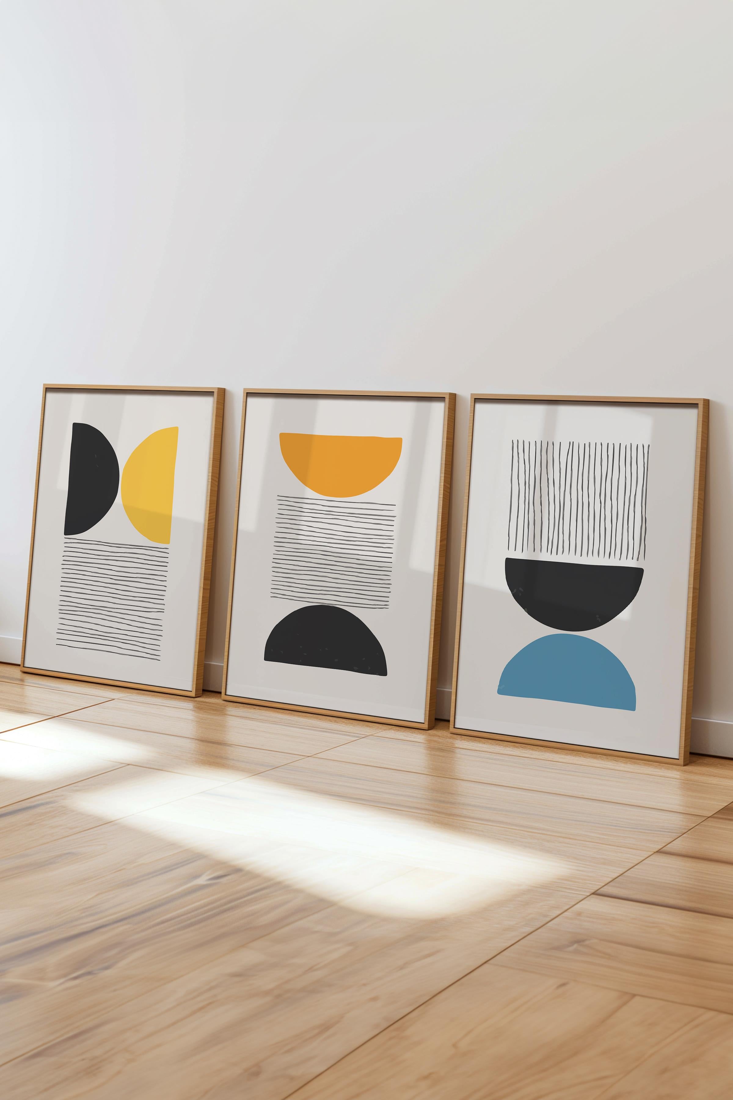 Çerçeveli Tablo Seti, 3 Adet Ahşap Çerçeve ve Geometrik Temalı Poster Seti, Duvar Tablosu No:300660