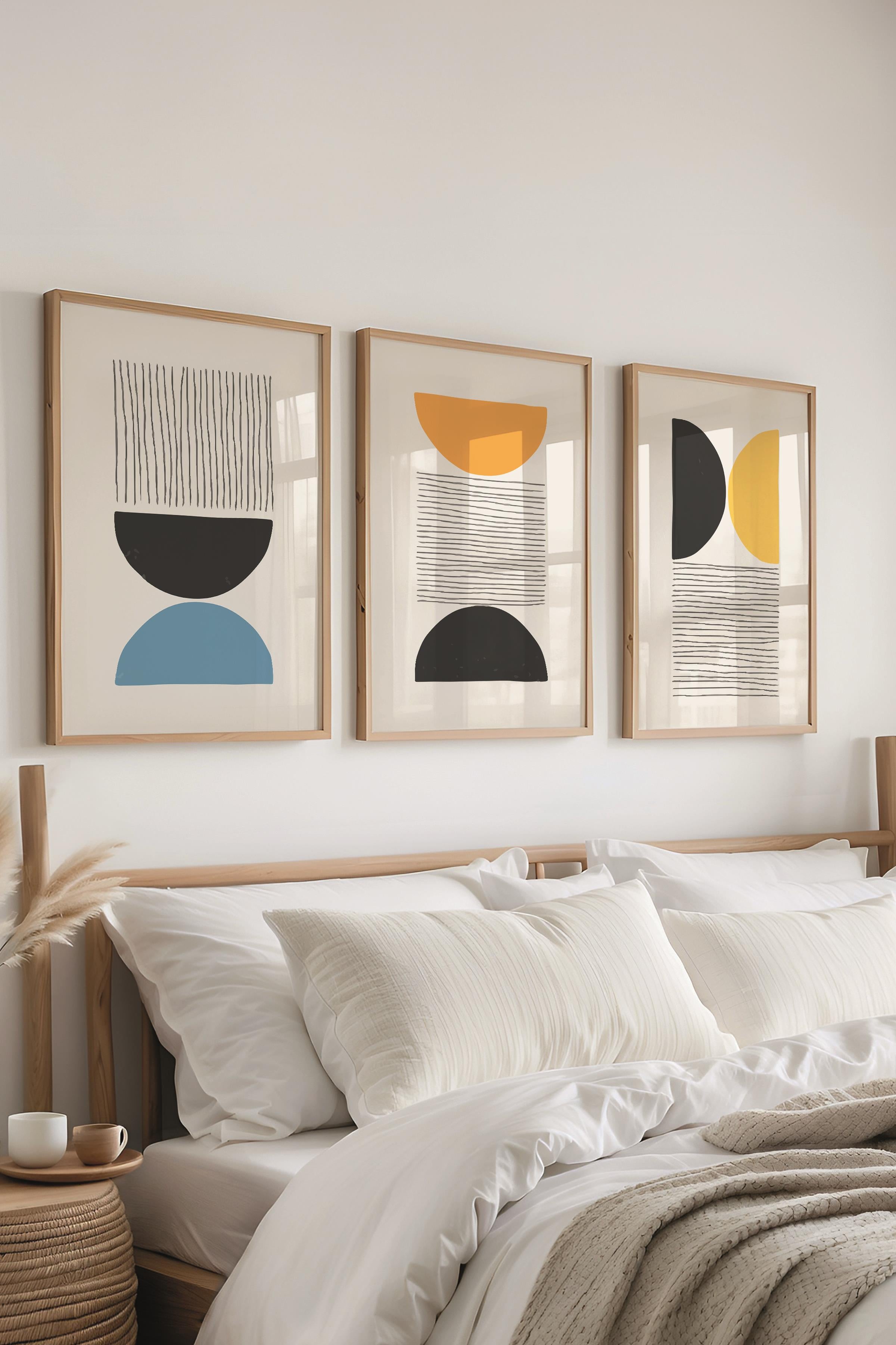 Çerçeveli Tablo Seti, 3 Adet Ahşap Çerçeve ve Geometrik Temalı Poster Seti, Duvar Tablosu No:300660