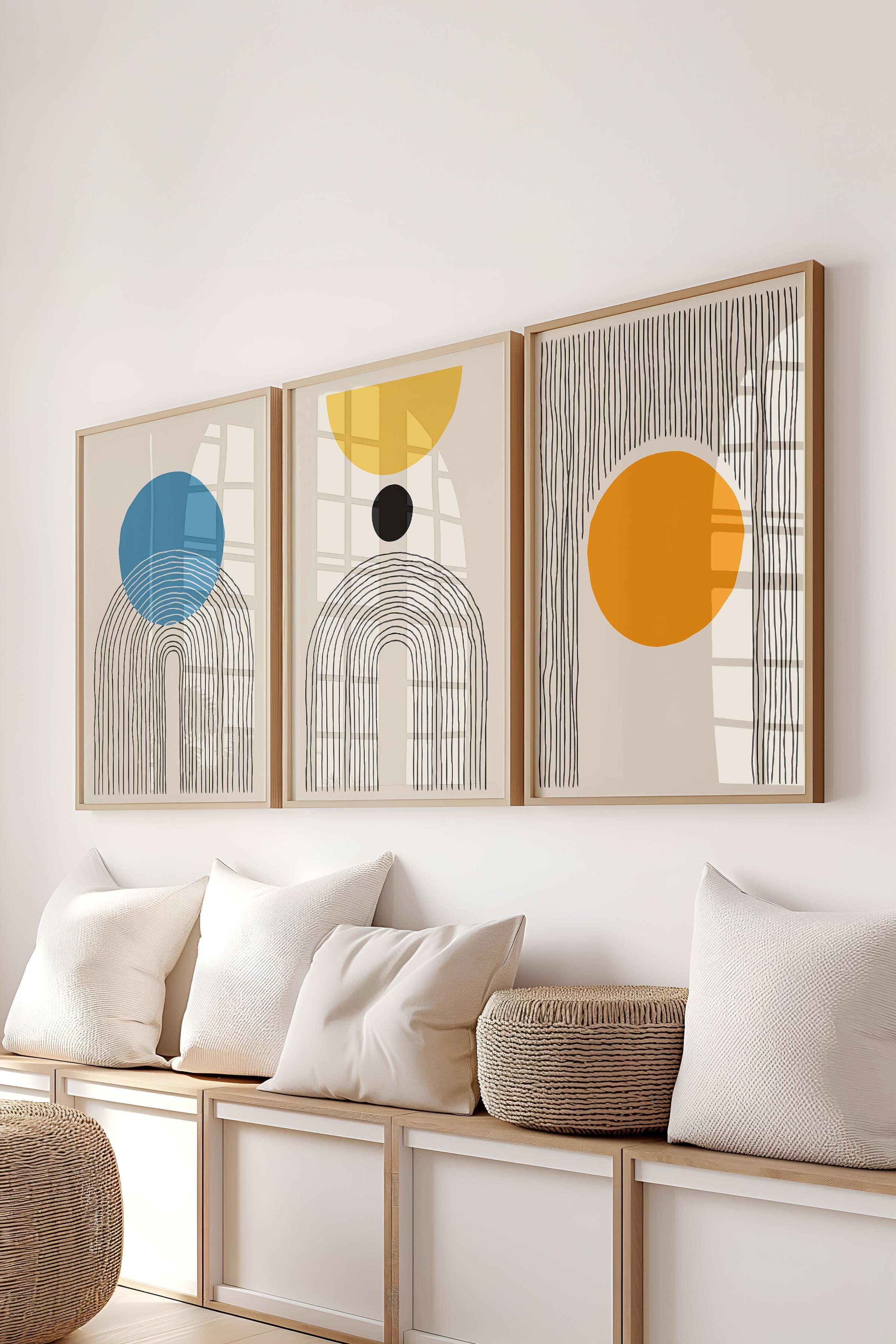 Çerçeveli Tablo Seti, 3 Adet Ahşap Çerçeve ve Geometrik Temalı Poster Seti, Duvar Tablosu No:300661
