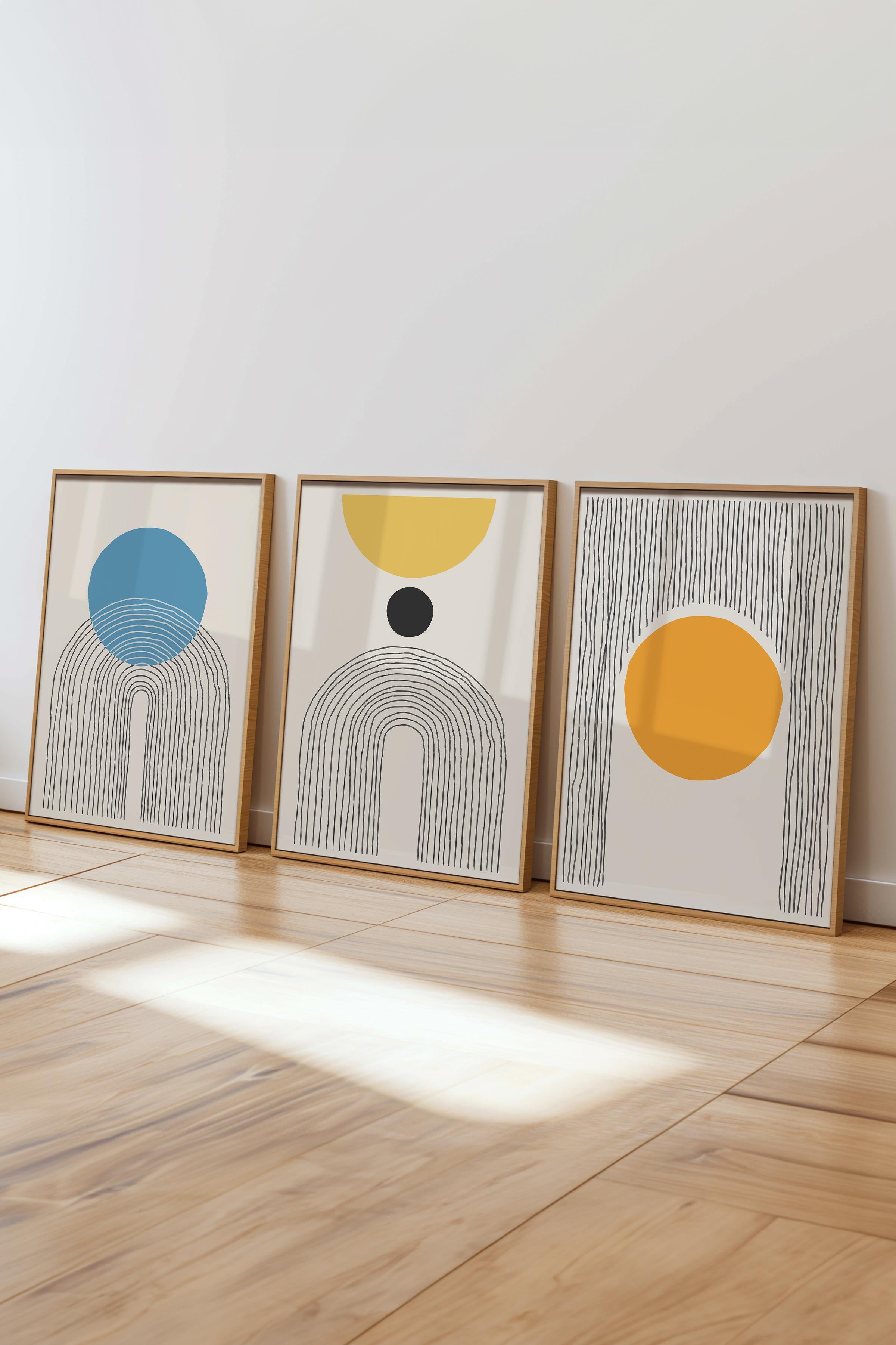 Çerçeveli Tablo Seti, 3 Adet Ahşap Çerçeve ve Geometrik Temalı Poster Seti, Duvar Tablosu No:300661