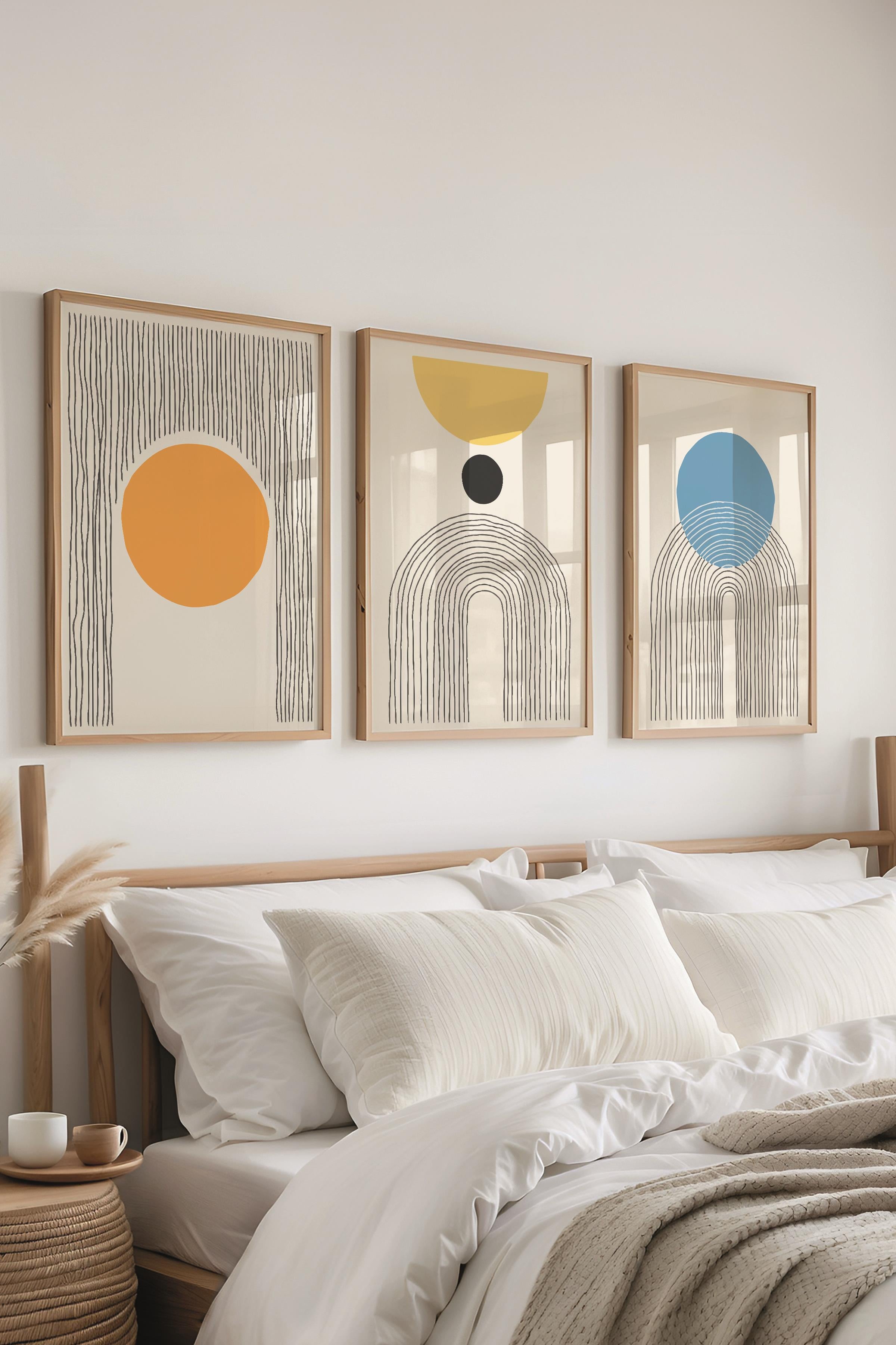 Çerçeveli Tablo Seti, 3 Adet Ahşap Çerçeve ve Geometrik Temalı Poster Seti, Duvar Tablosu No:300661