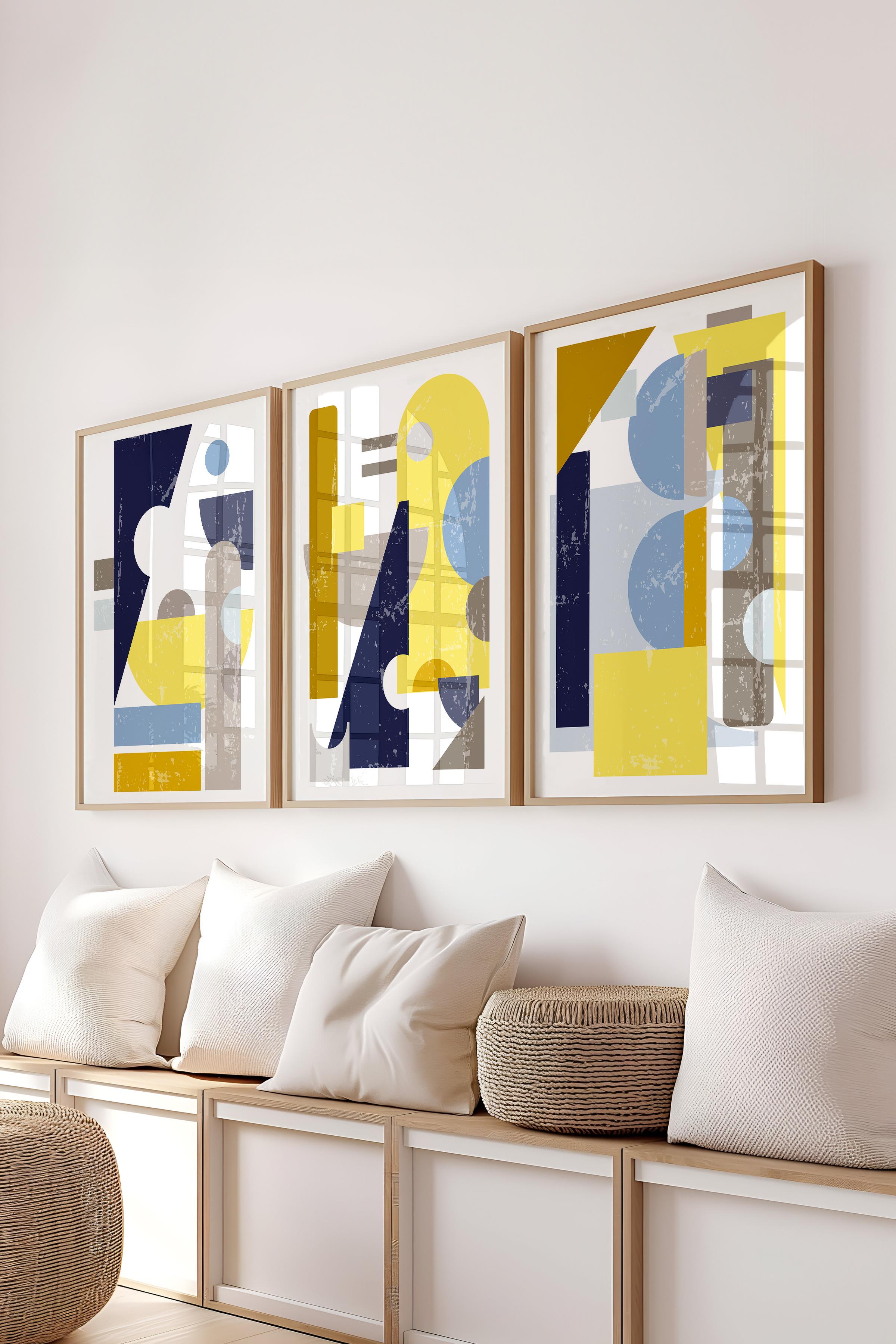 Çerçeveli Tablo Seti, 3 Adet Ahşap Çerçeve ve Geometrik Temalı Poster Seti, Duvar Tablosu No:300663