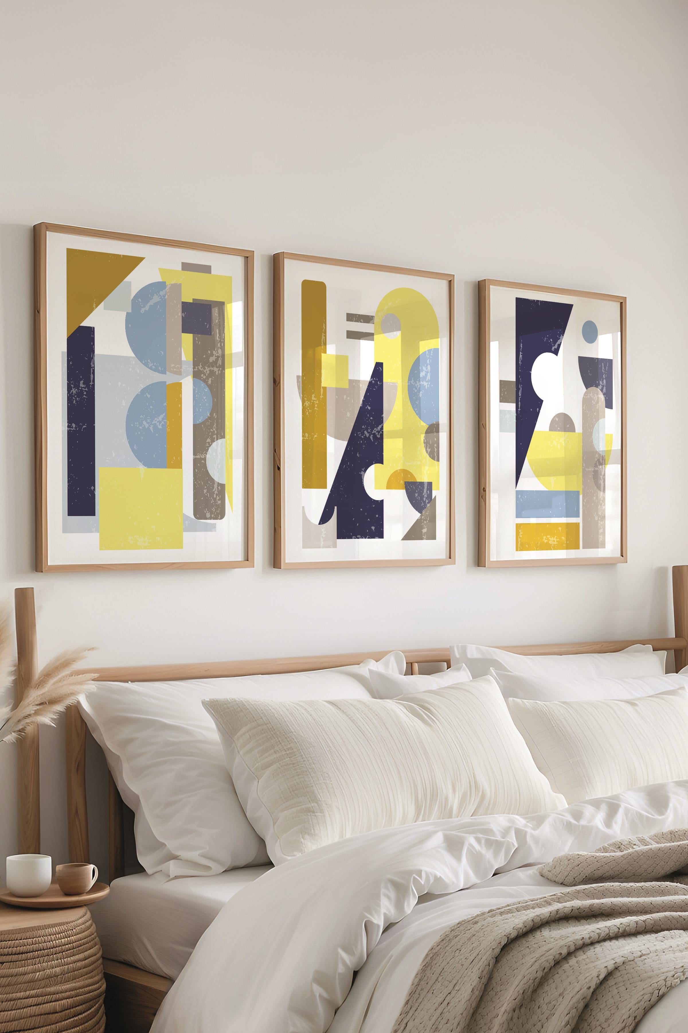 Çerçeveli Tablo Seti, 3 Adet Ahşap Çerçeve ve Geometrik Temalı Poster Seti, Duvar Tablosu No:300663