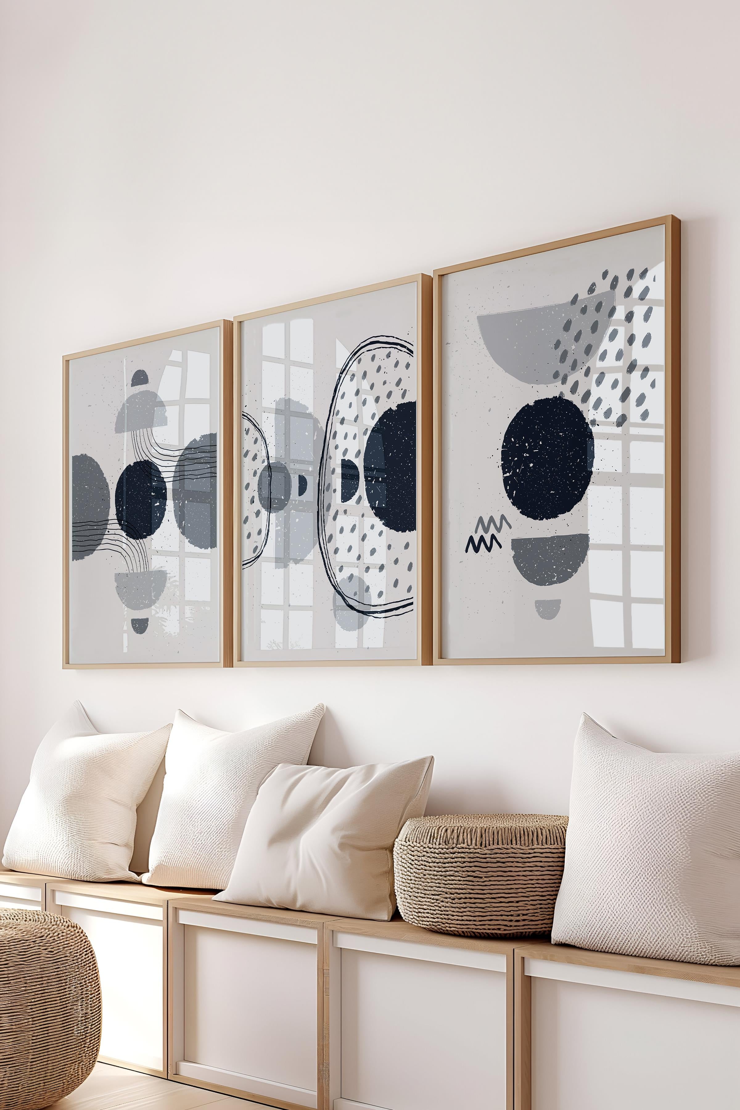 Çerçeveli Tablo Seti, 3 Adet Ahşap Çerçeve ve Geometrik Temalı Poster Seti, No:300670