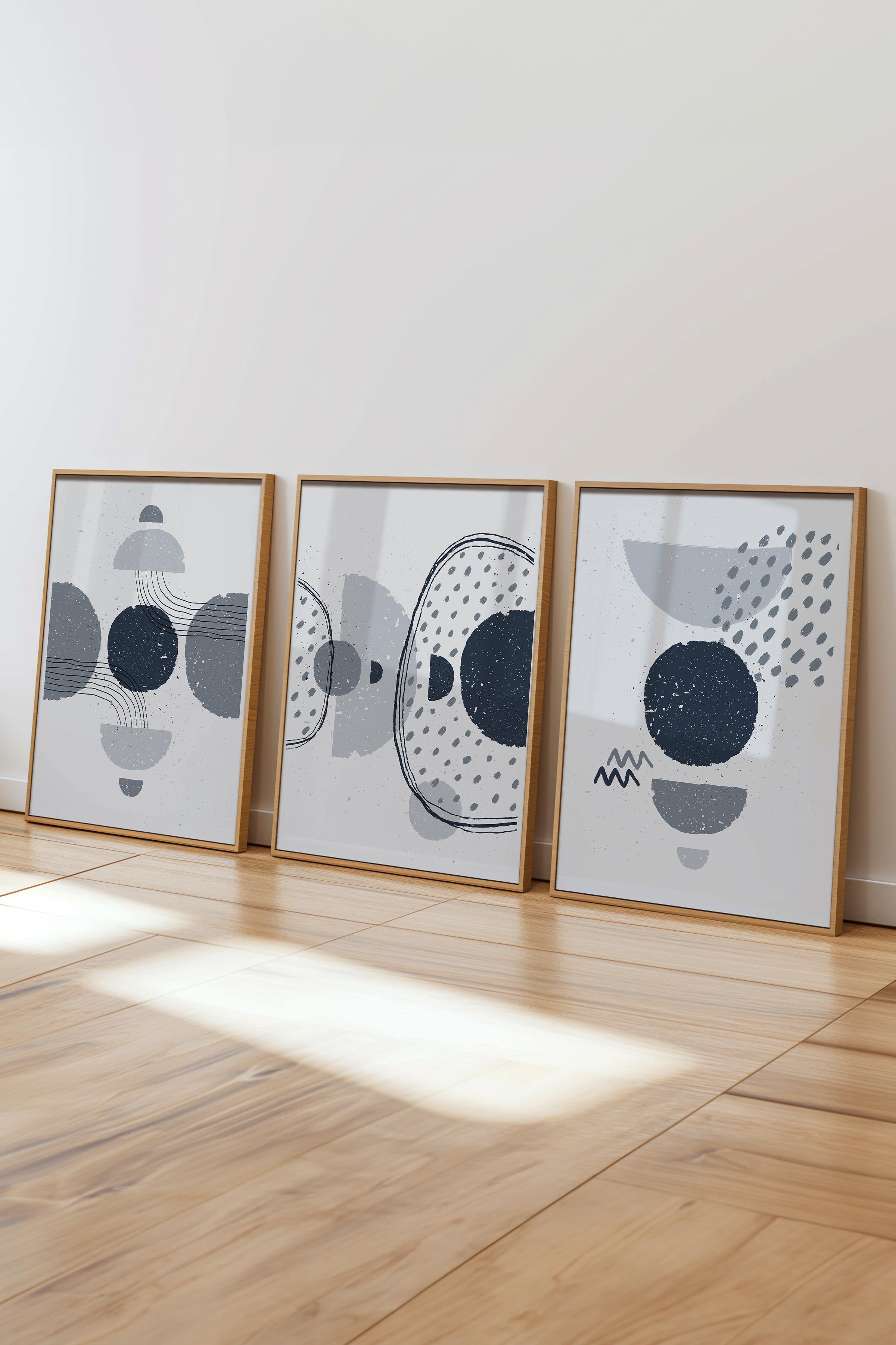 Çerçeveli Tablo Seti, 3 Adet Ahşap Çerçeve ve Geometrik Temalı Poster Seti, No:300670