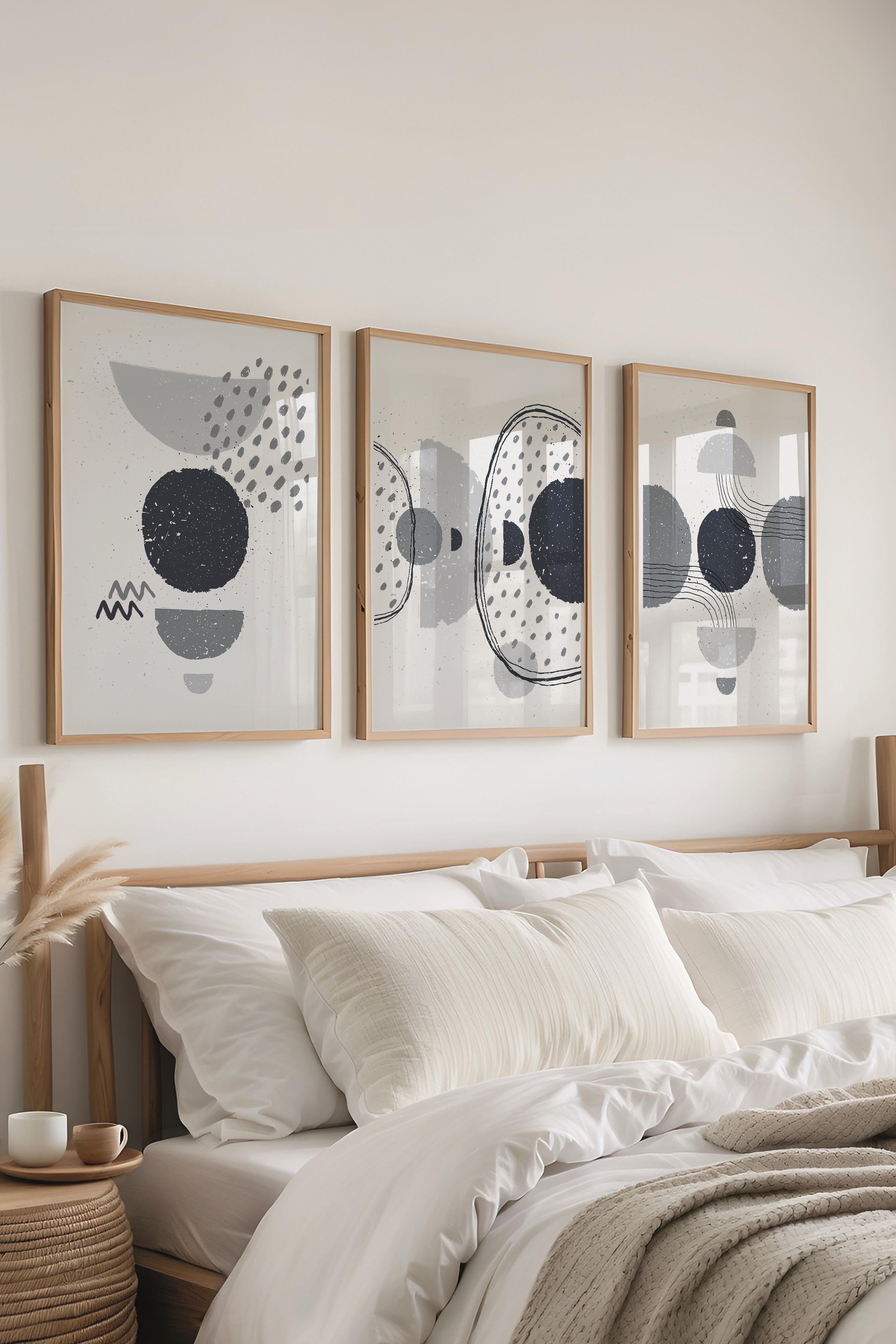 Çerçeveli Tablo Seti, 3 Adet Ahşap Çerçeve ve Geometrik Temalı Poster Seti, No:300670
