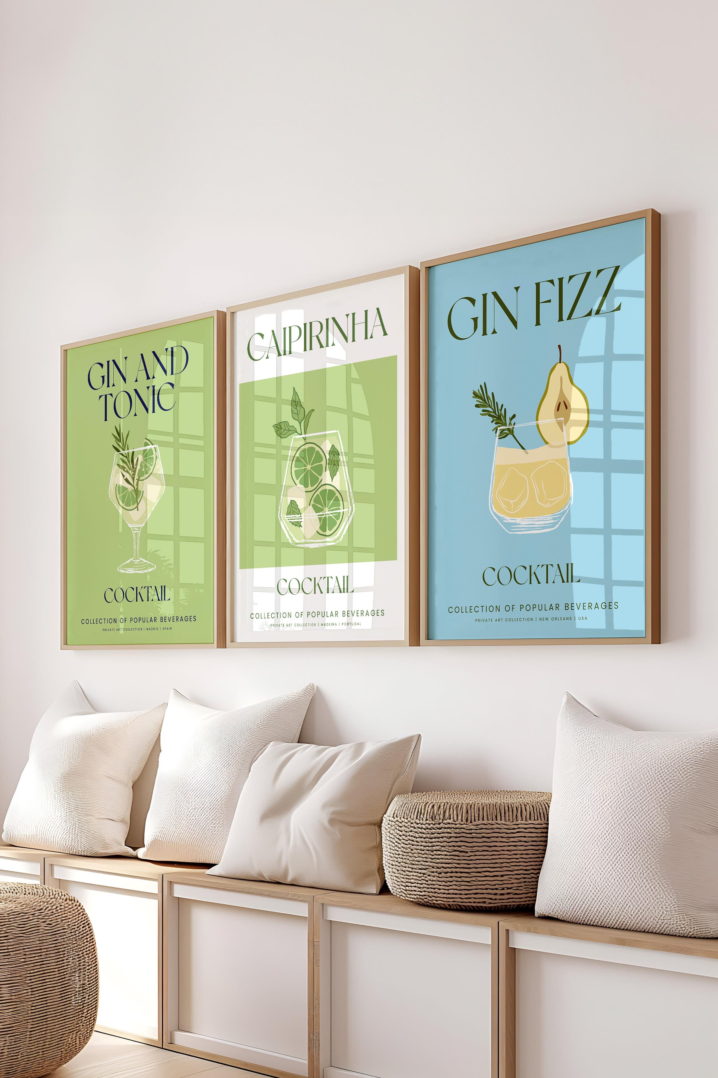 Çerçeveli Tablo Seti, 3 Adet Ahşap Çerçeve ve Kokteyl Çizim Temalı Poster Seti, No:300535