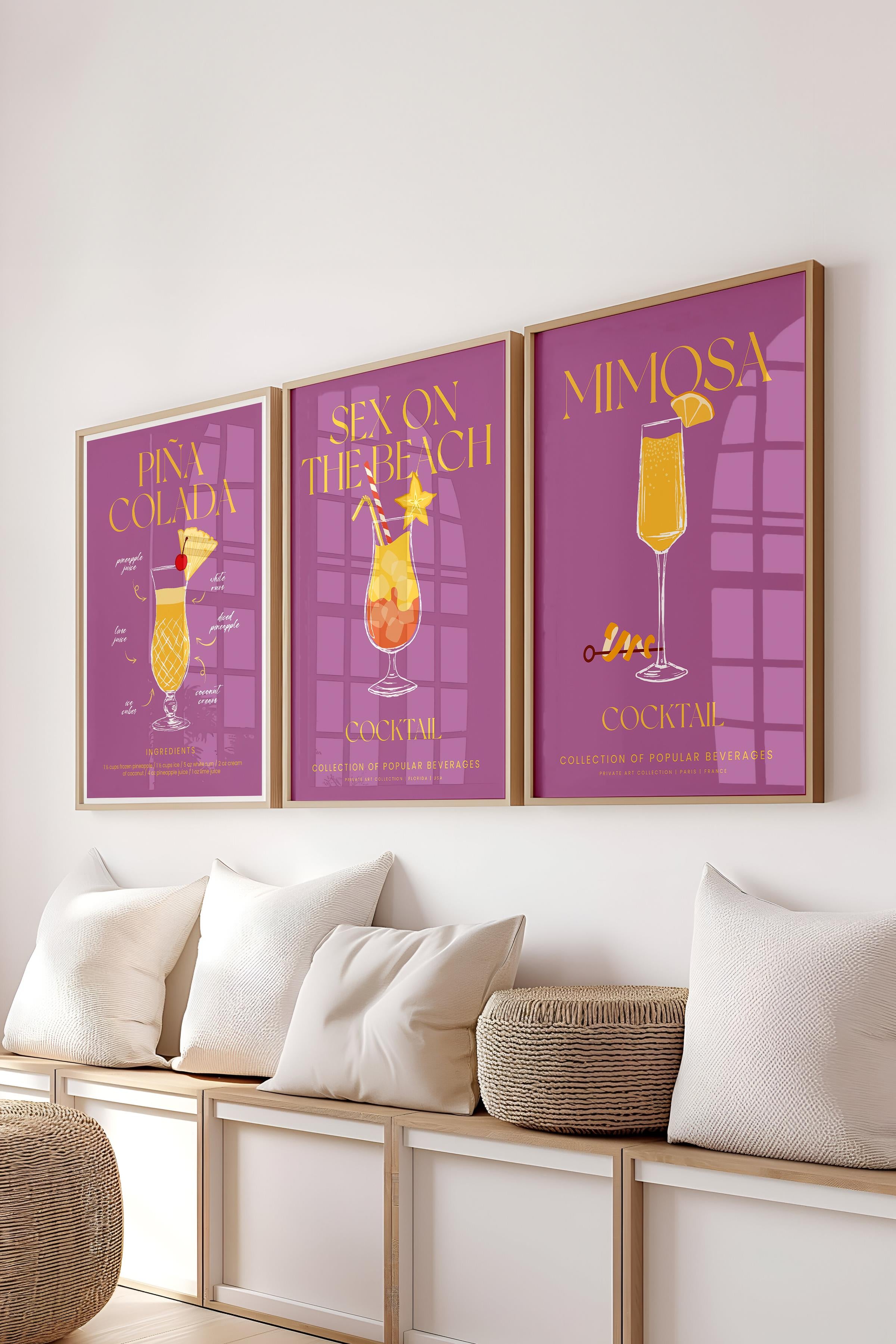 Çerçeveli Tablo Seti, 3 Adet Ahşap Çerçeve ve Kokteyl Çizim Temalı Poster Seti, No:300536