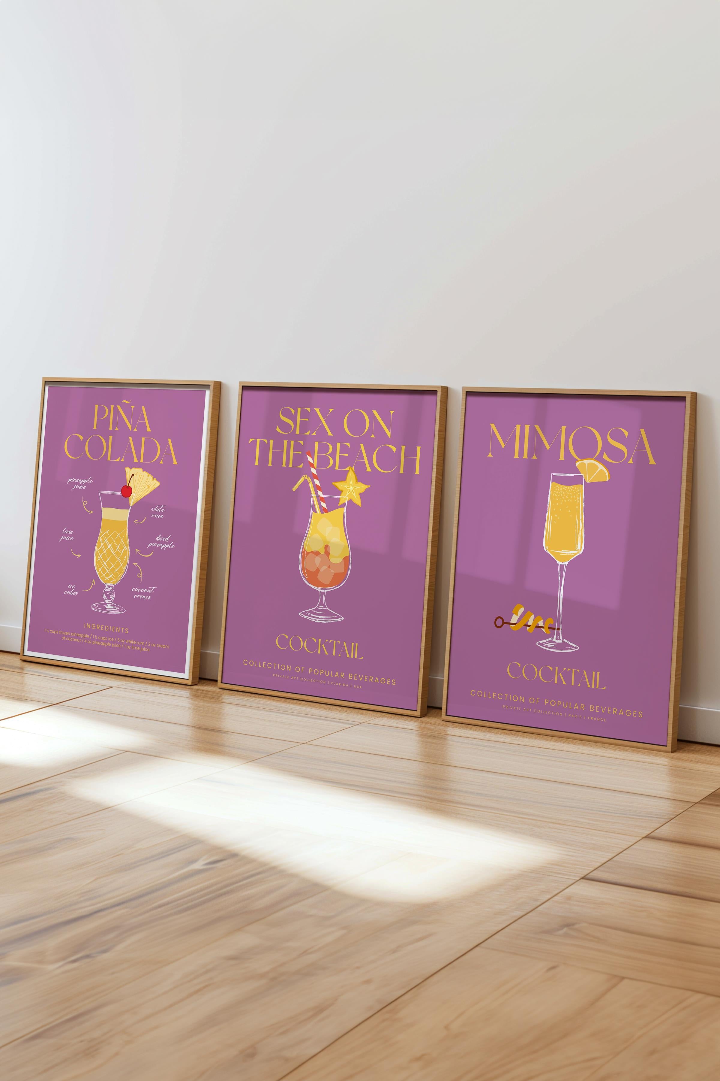Çerçeveli Tablo Seti, 3 Adet Ahşap Çerçeve ve Kokteyl Çizim Temalı Poster Seti, No:300536