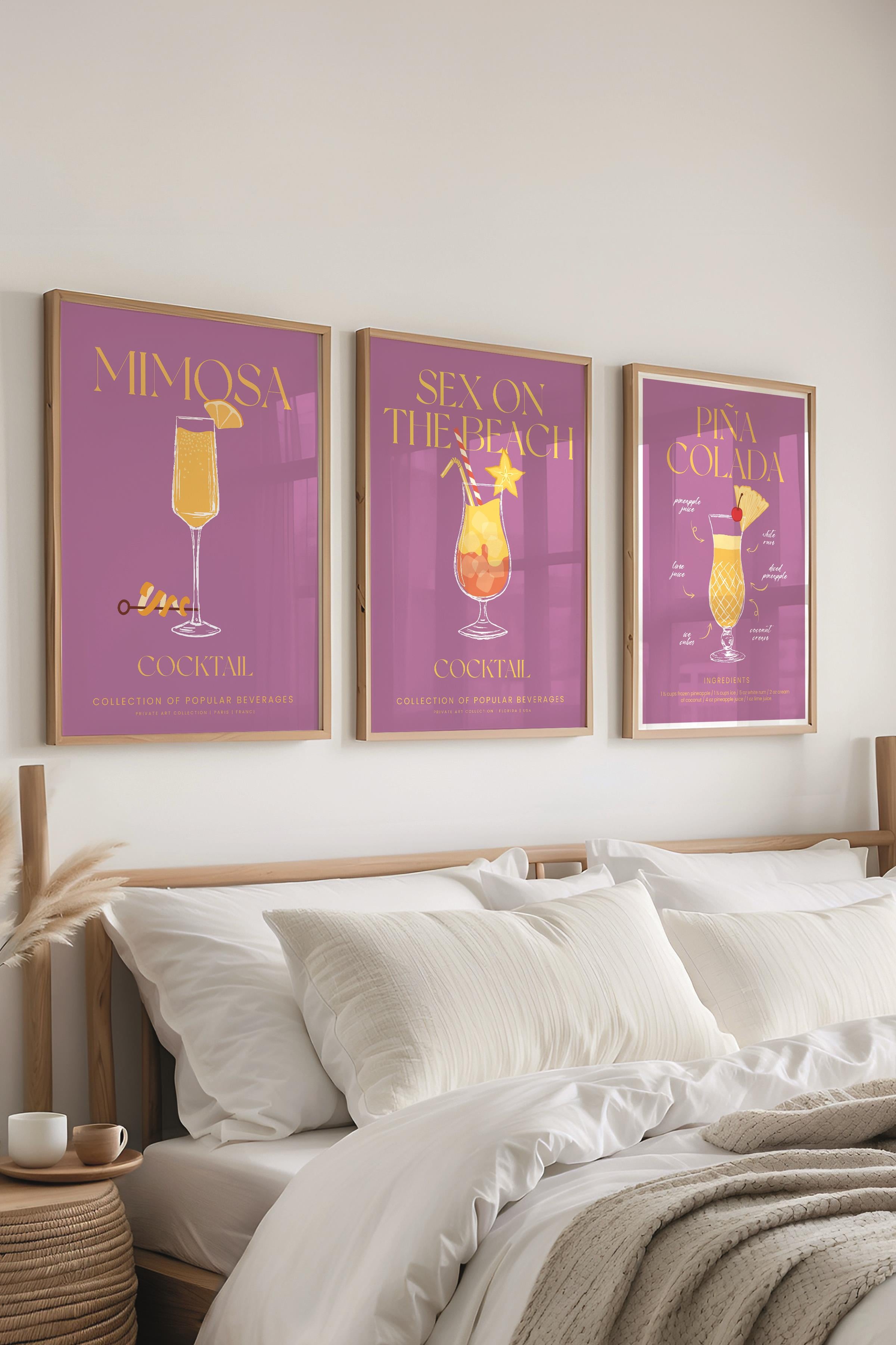 Çerçeveli Tablo Seti, 3 Adet Ahşap Çerçeve ve Kokteyl Çizim Temalı Poster Seti, No:300536