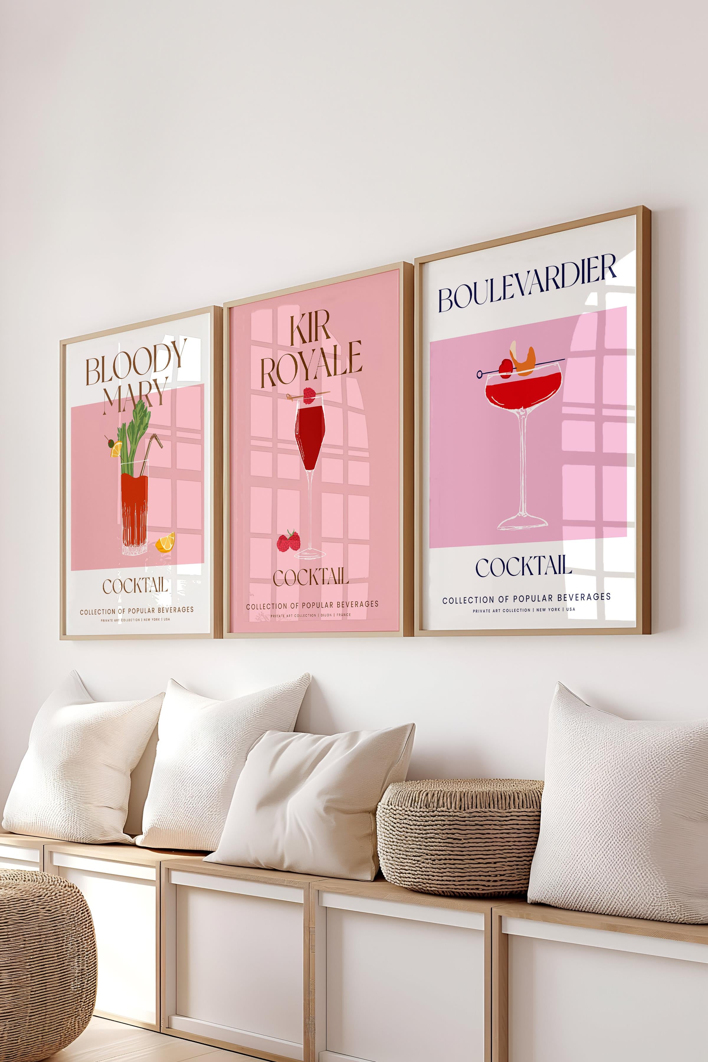 Çerçeveli Tablo Seti, 3 Adet Ahşap Çerçeve ve Kokteyl Çizim Temalı Poster Seti, No:300537
