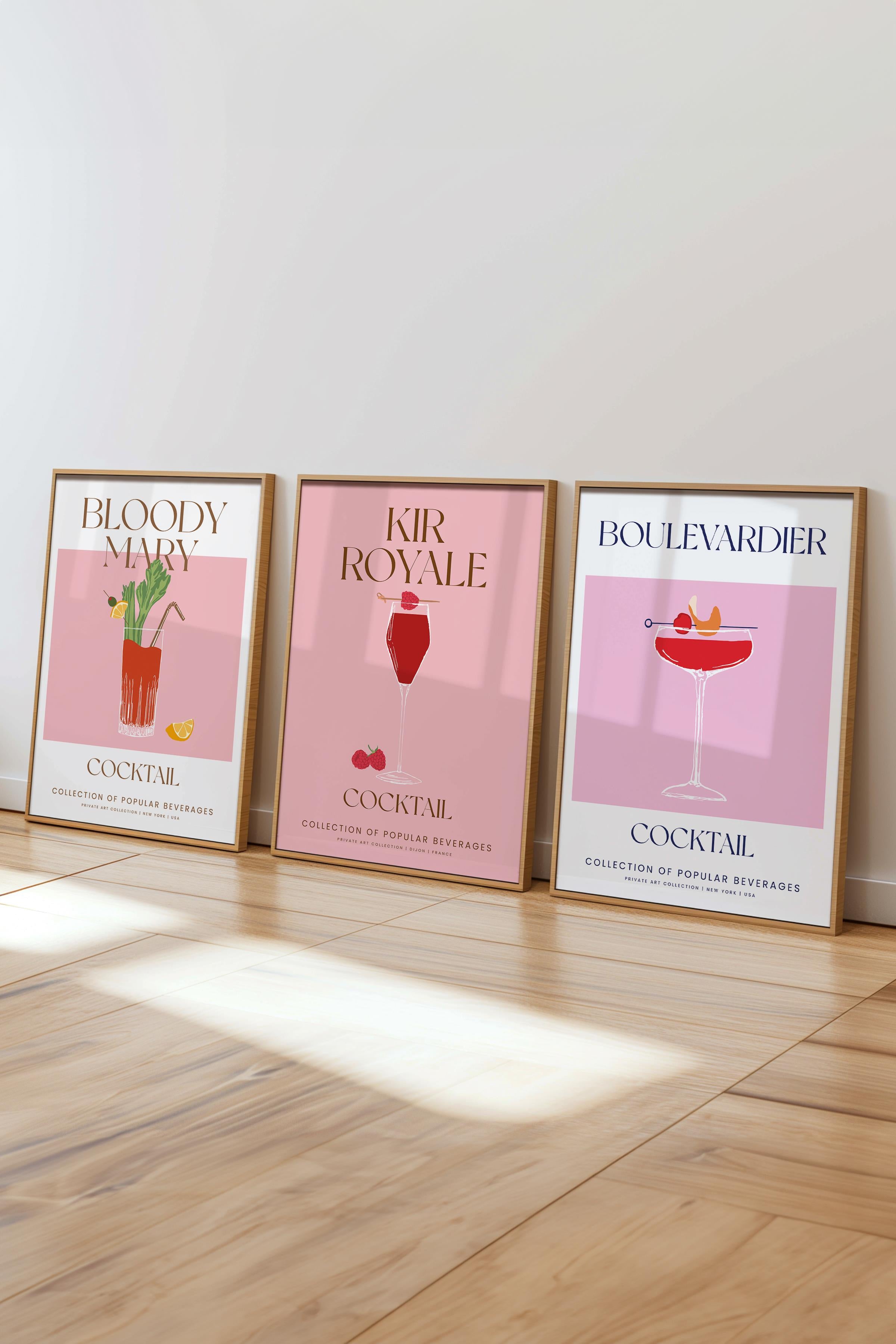 Çerçeveli Tablo Seti, 3 Adet Ahşap Çerçeve ve Kokteyl Çizim Temalı Poster Seti, No:300537