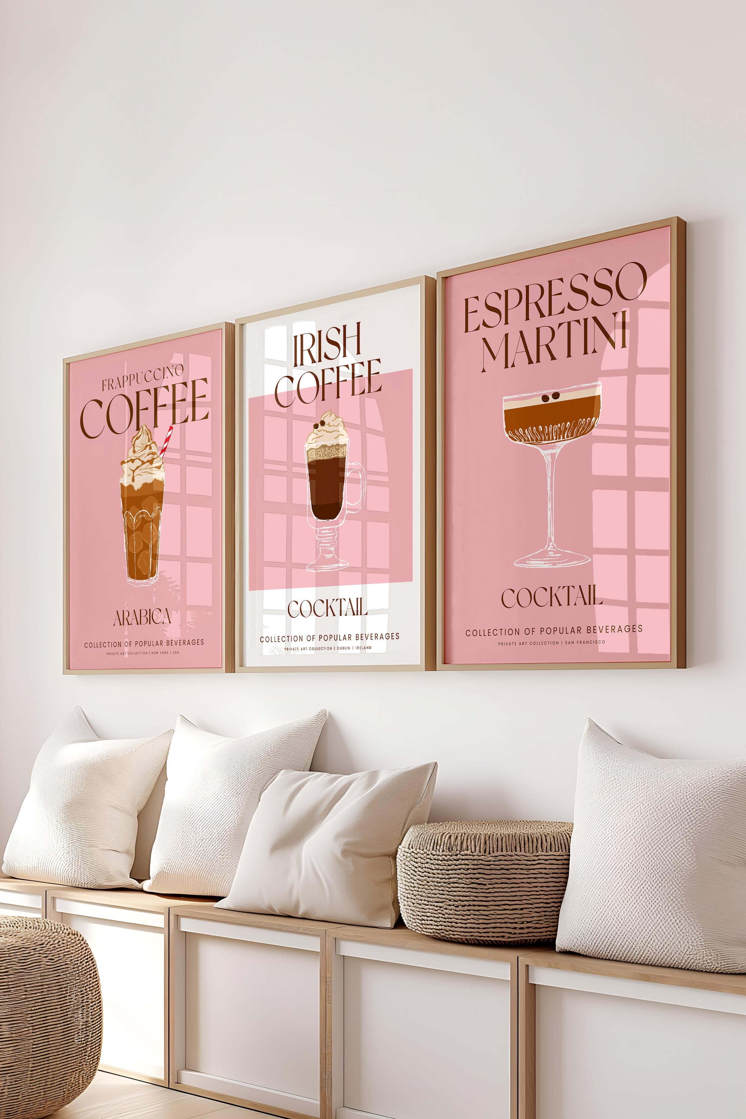 Çerçeveli Tablo Seti, 3 Adet Ahşap Çerçeve ve Kokteyl Çizim Temalı Poster Seti, No:300538
