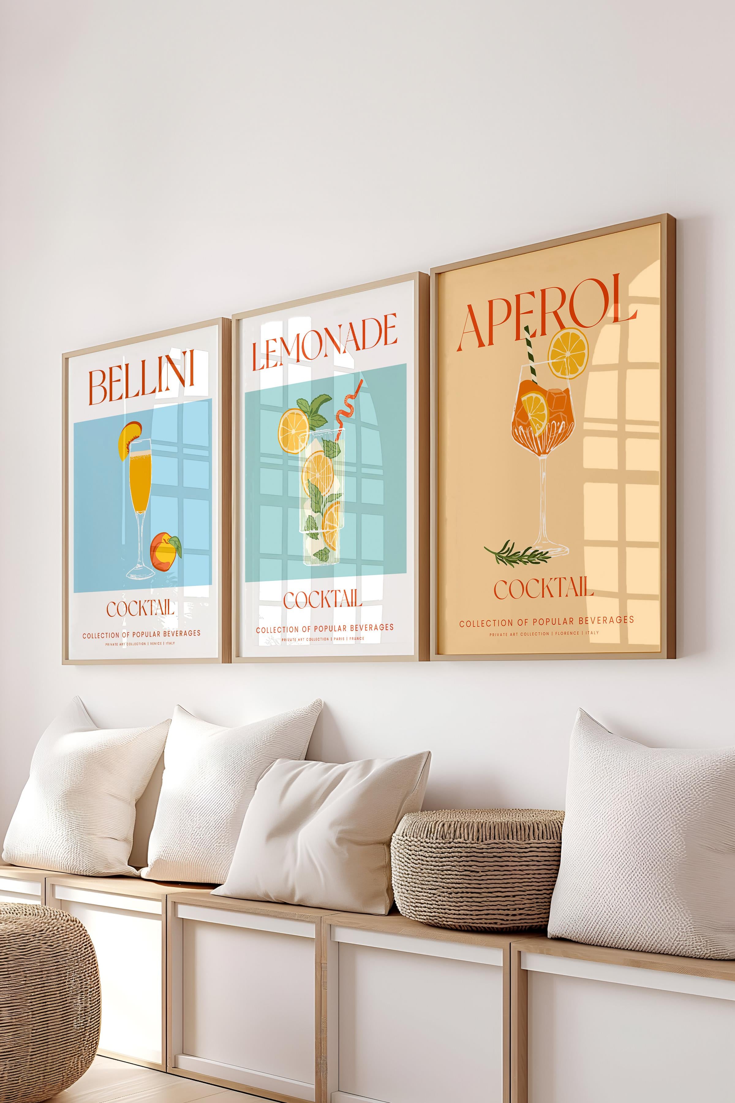 Çerçeveli Tablo Seti, 3 Adet Ahşap Çerçeve ve Kokteyl Çizim Temalı Poster Seti, No:300539