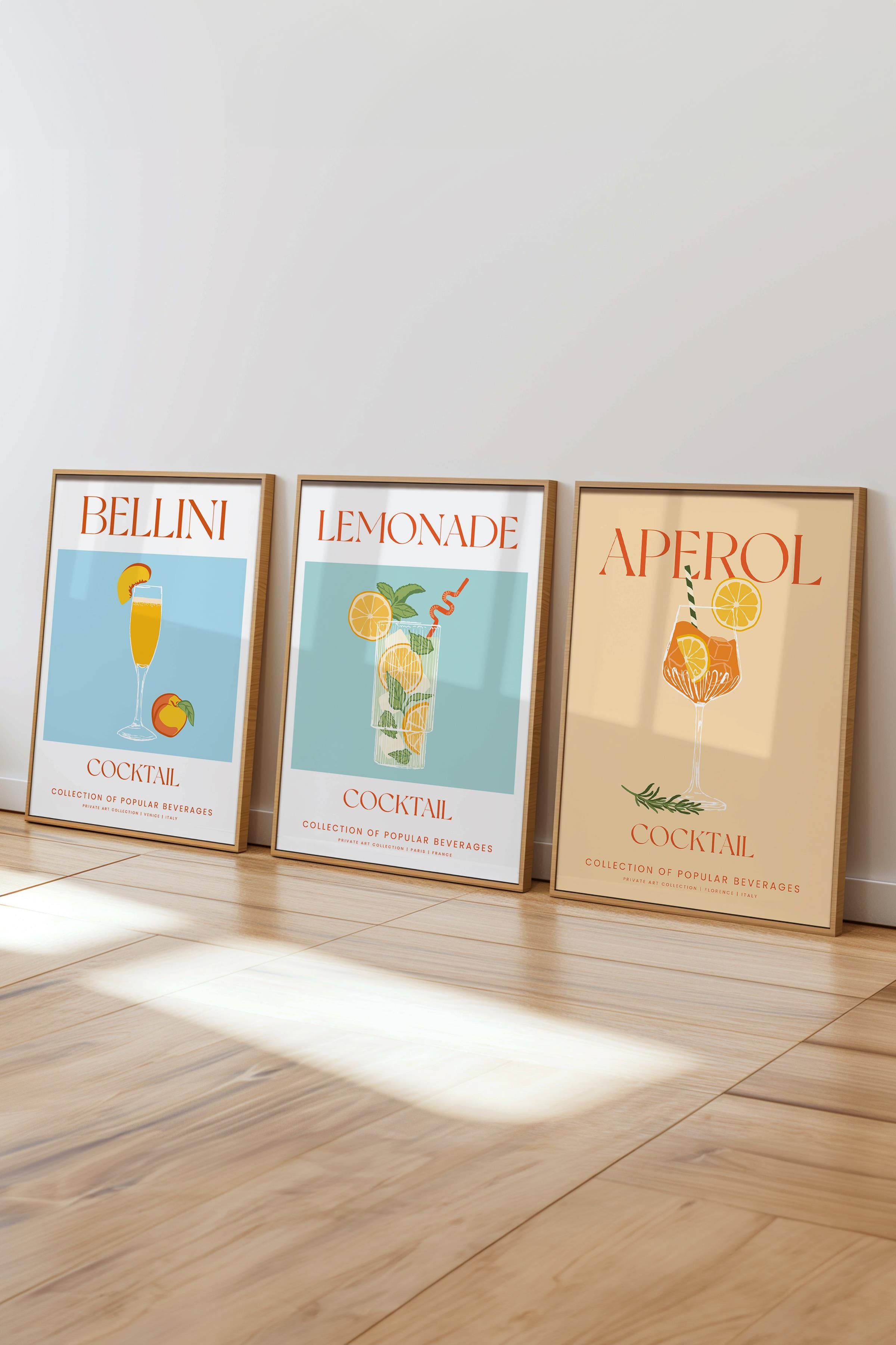 Çerçeveli Tablo Seti, 3 Adet Ahşap Çerçeve ve Kokteyl Çizim Temalı Poster Seti, No:300539