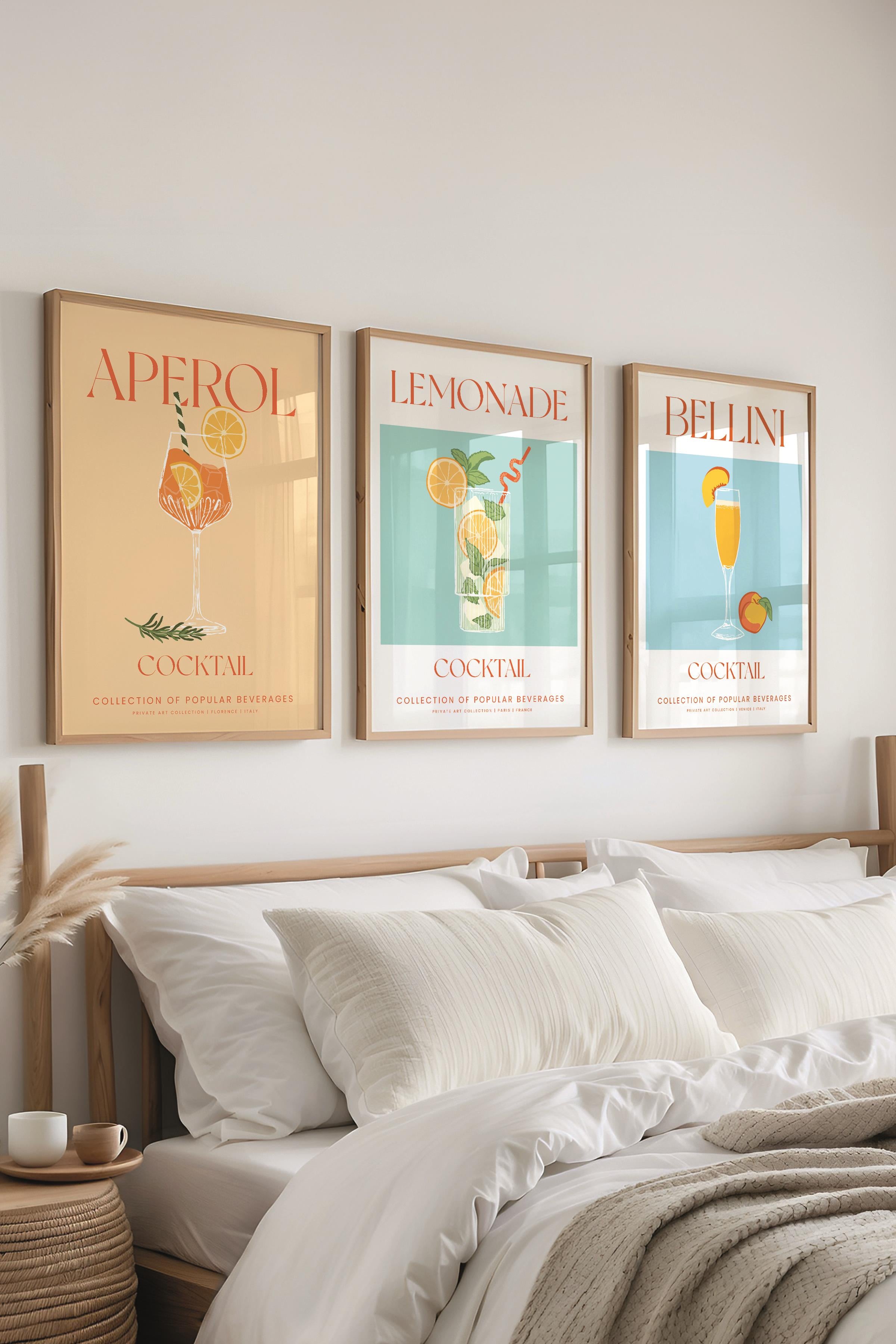 Çerçeveli Tablo Seti, 3 Adet Ahşap Çerçeve ve Kokteyl Çizim Temalı Poster Seti, No:300539