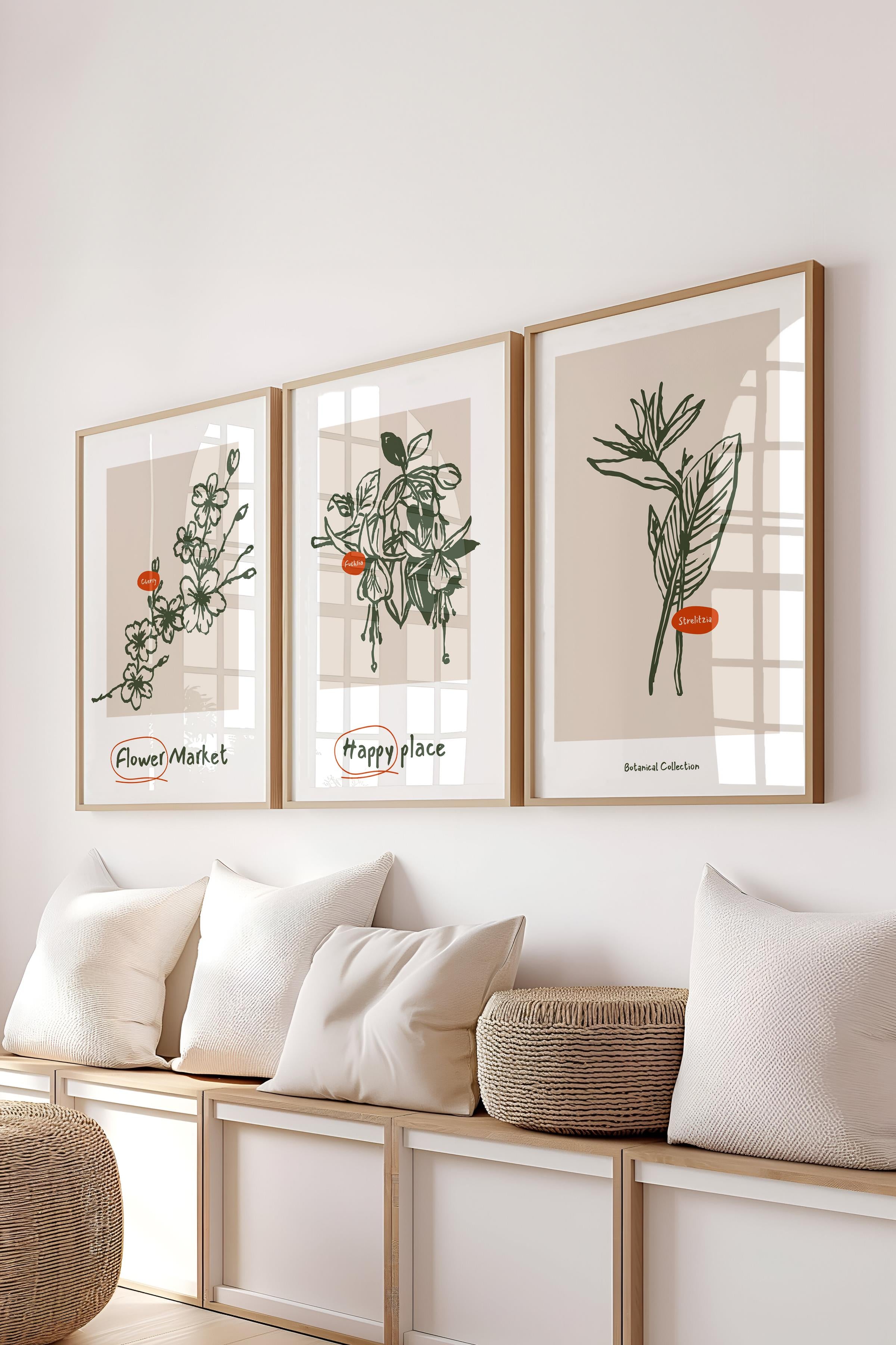 Çerçeveli Tablo Seti, 3 Adet Ahşap Çerçeve ve Mavi Minimalist Botanik Temalı Poster Seti, No:300448