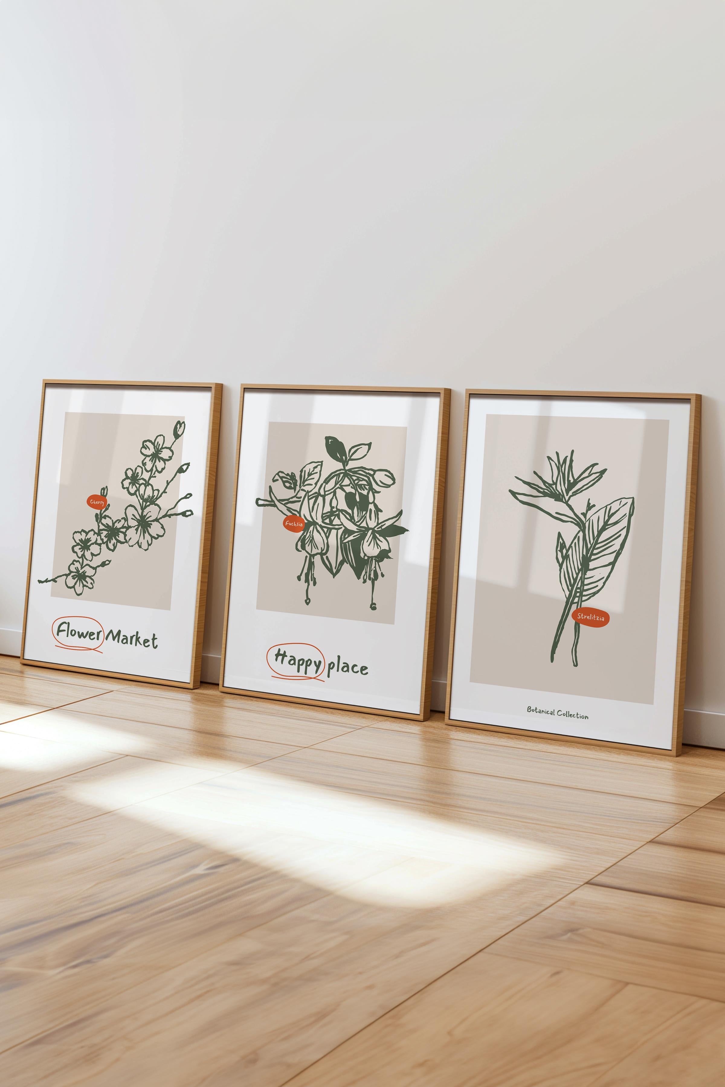 Çerçeveli Tablo Seti, 3 Adet Ahşap Çerçeve ve Mavi Minimalist Botanik Temalı Poster Seti, No:300448