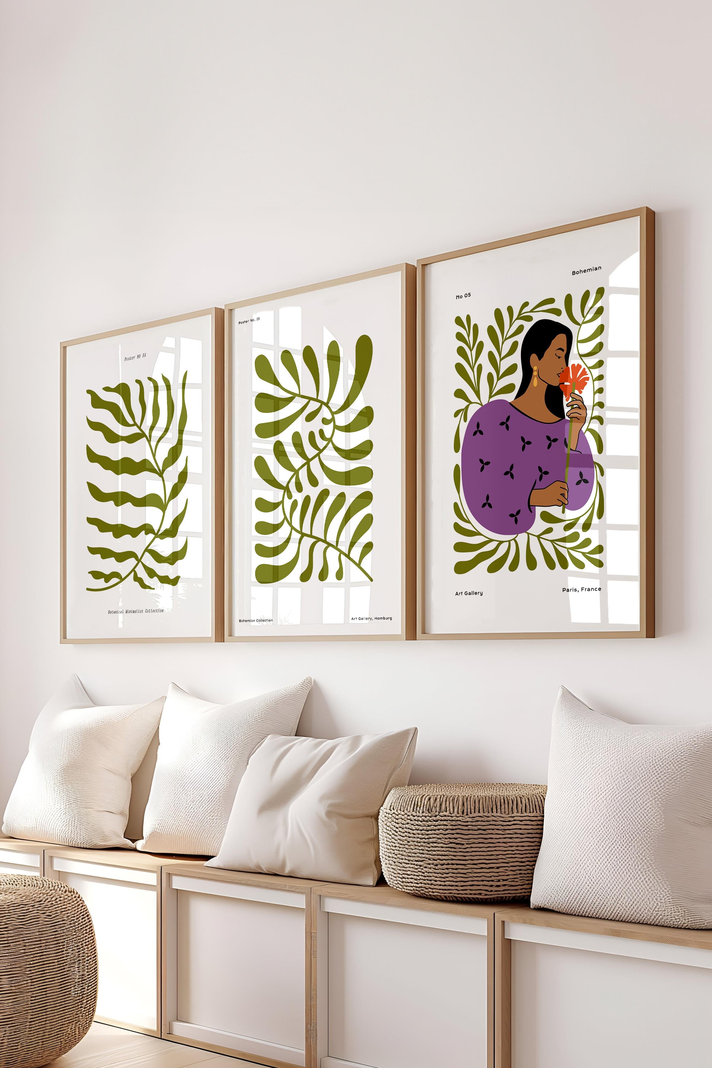 Çerçeveli Tablo Seti, 3 Adet Ahşap Çerçeve ve Minimalist Boho Temalı Poster Seti, No:300509
