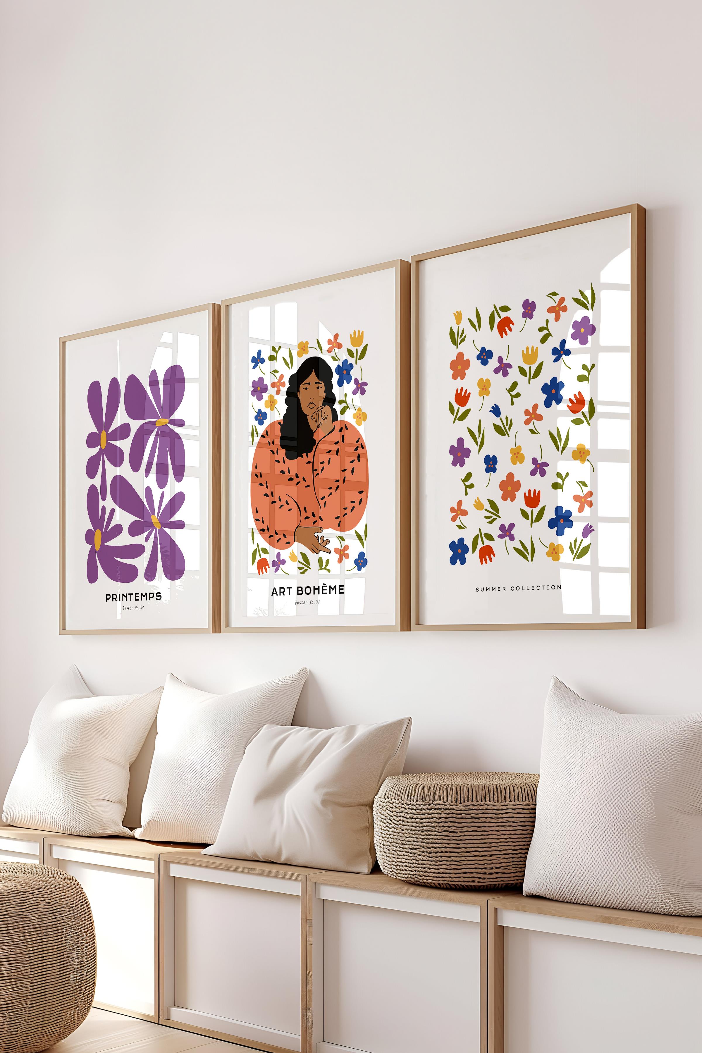 Çerçeveli Tablo Seti, 3 Adet Ahşap Çerçeve ve Minimalist Boho Temalı Poster Seti, No:300510