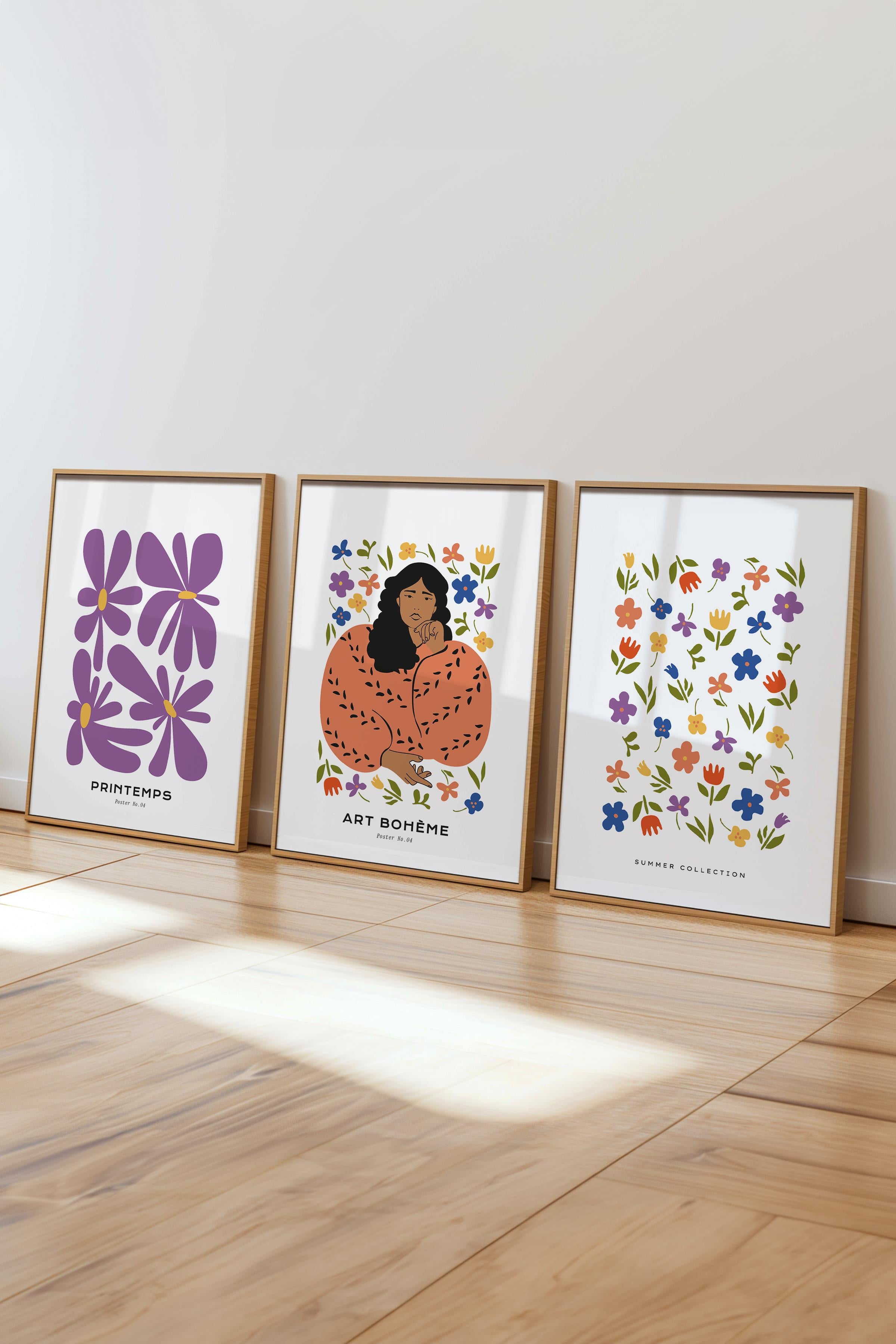 Çerçeveli Tablo Seti, 3 Adet Ahşap Çerçeve ve Minimalist Boho Temalı Poster Seti, No:300510