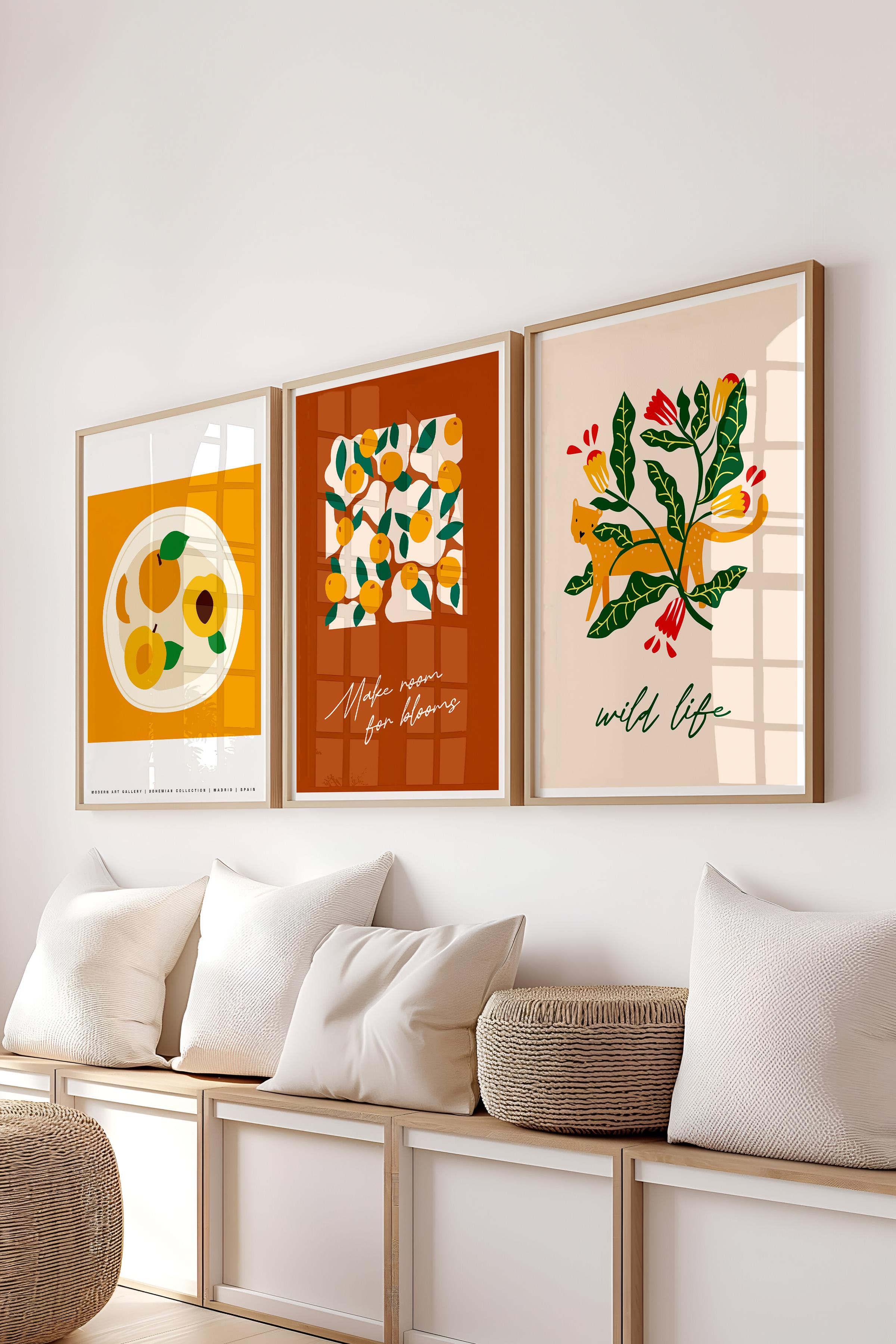 Çerçeveli Tablo Seti, 3 Adet Ahşap Çerçeve ve Minimalist Boho Temalı Poster Seti, No:300514