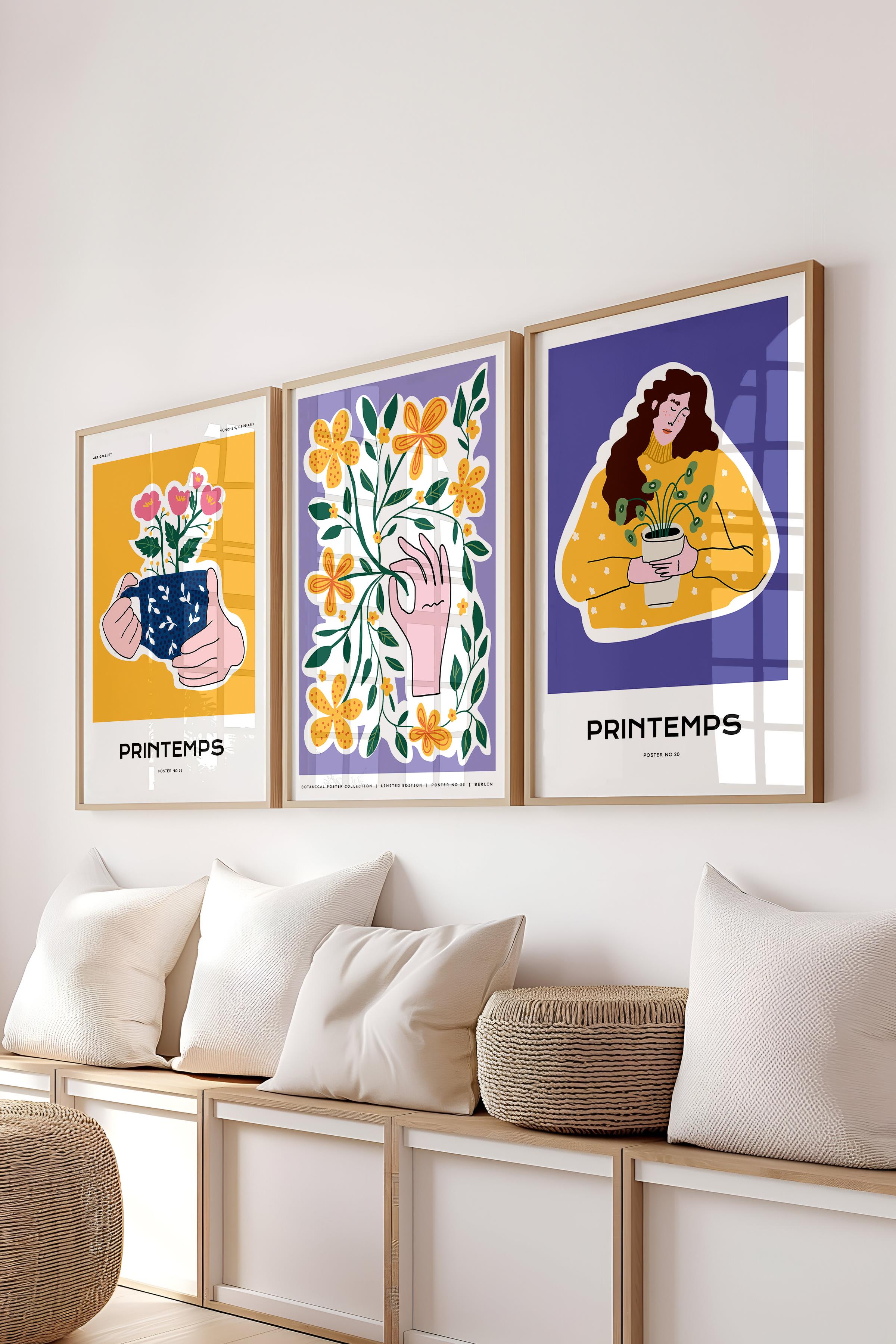 Çerçeveli Tablo Seti, 3 Adet Ahşap Çerçeve ve Minimalist Boho Temalı Poster Seti, No:300516