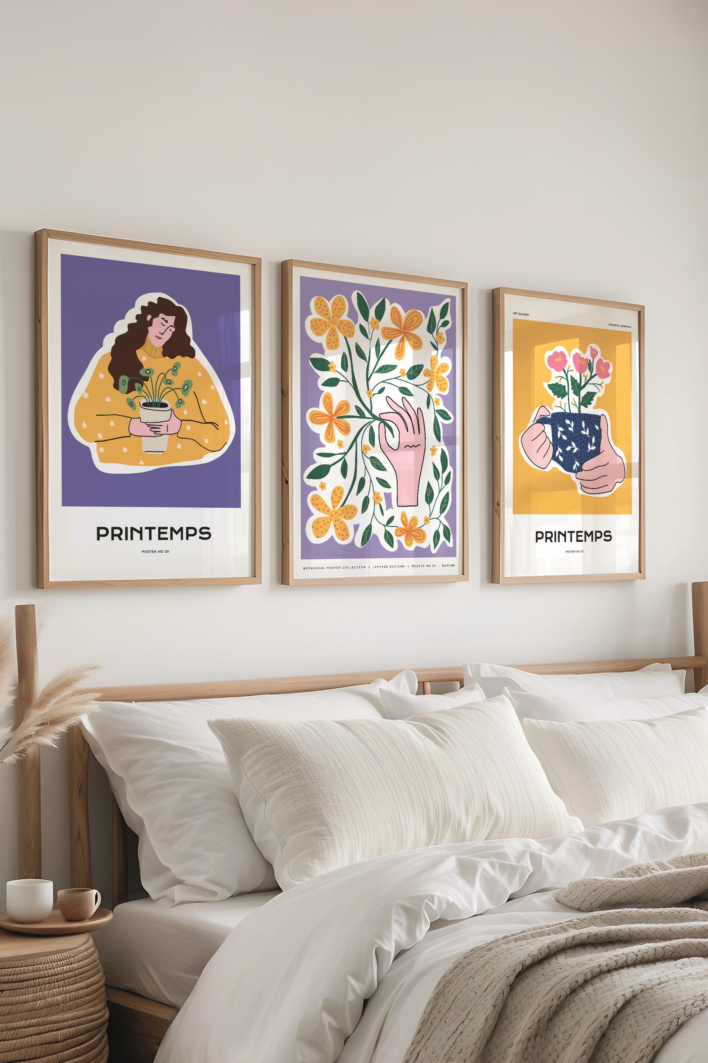 Çerçeveli Tablo Seti, 3 Adet Ahşap Çerçeve ve Minimalist Boho Temalı Poster Seti, No:300516