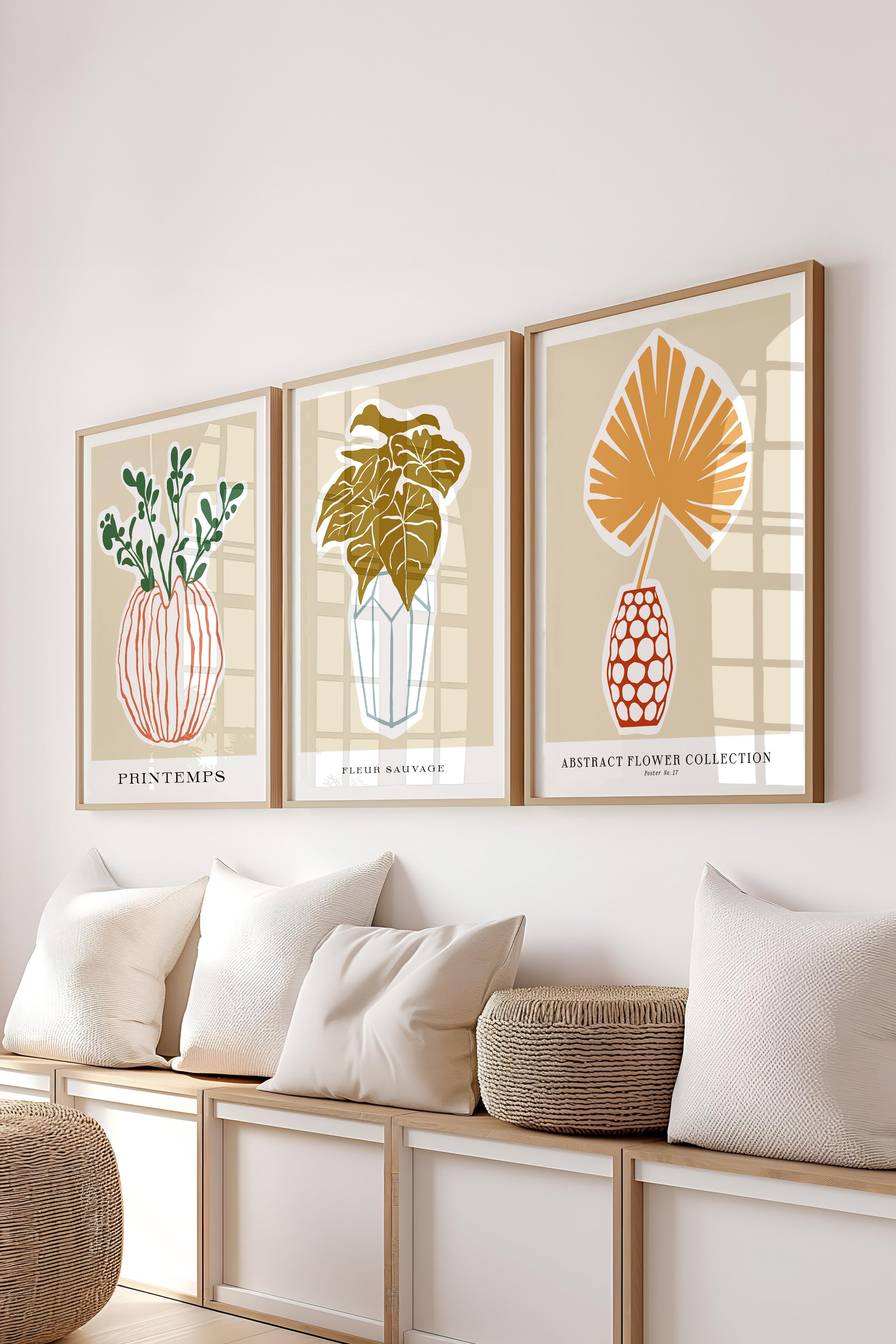 Çerçeveli Tablo Seti, 3 Adet Ahşap Çerçeve ve Minimalist Botanik Temalı Poster Seti, No:300468