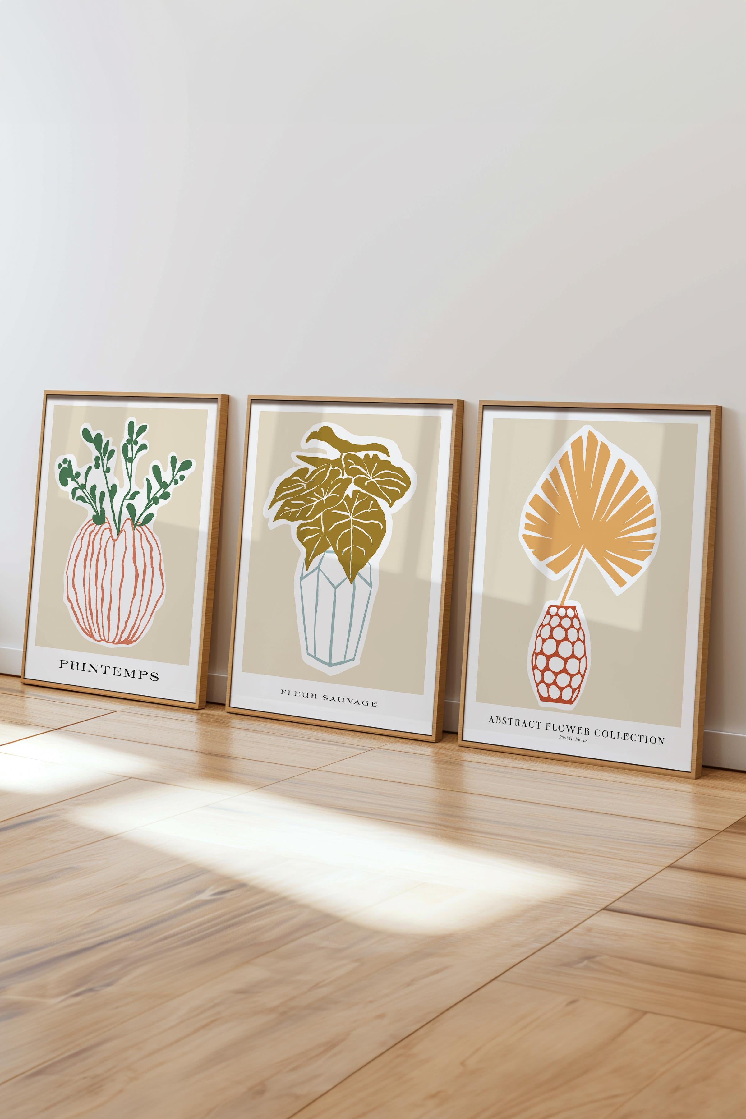 Çerçeveli Tablo Seti, 3 Adet Ahşap Çerçeve ve Minimalist Botanik Temalı Poster Seti, No:300468
