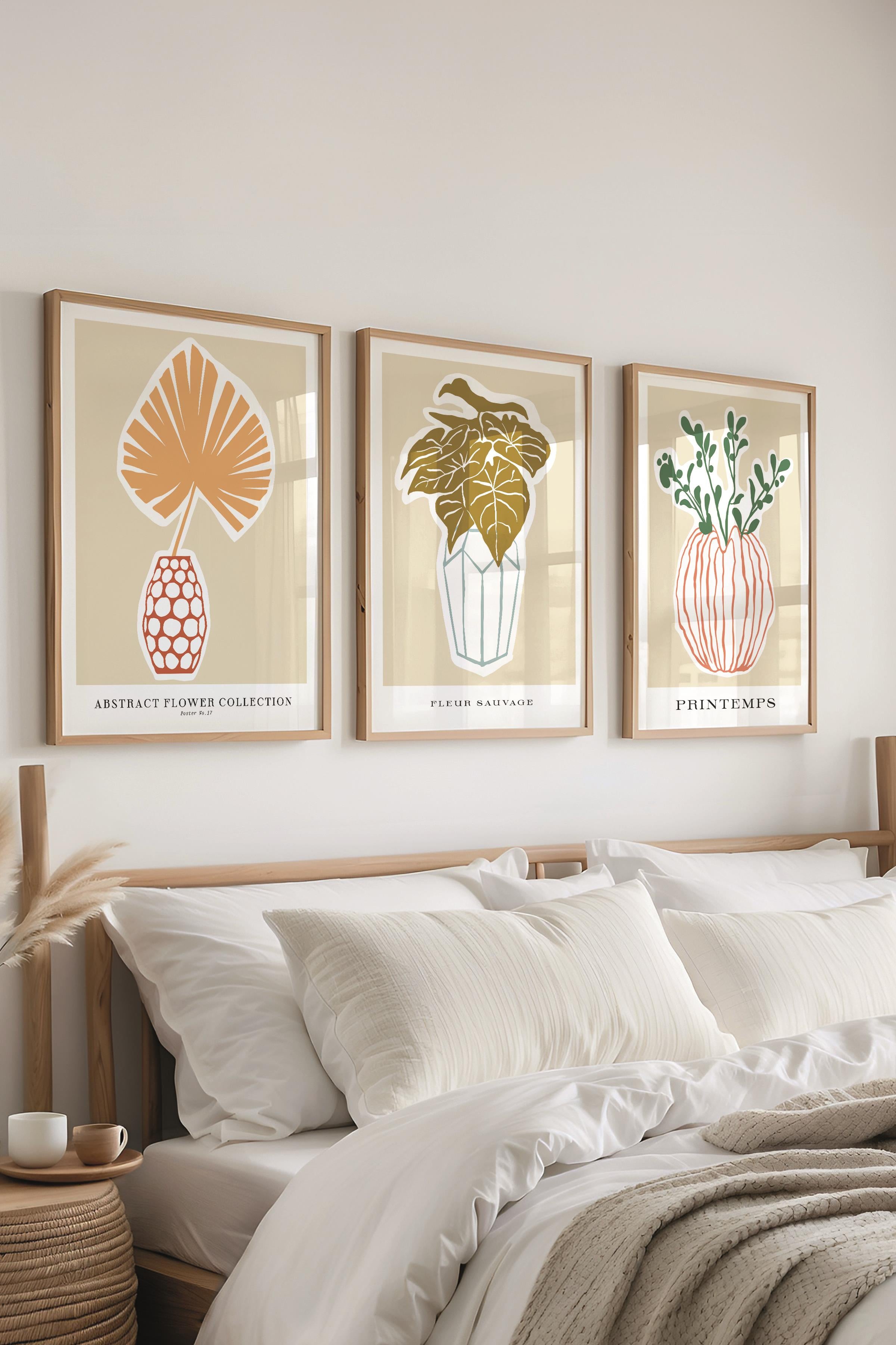 Çerçeveli Tablo Seti, 3 Adet Ahşap Çerçeve ve Minimalist Botanik Temalı Poster Seti, No:300468