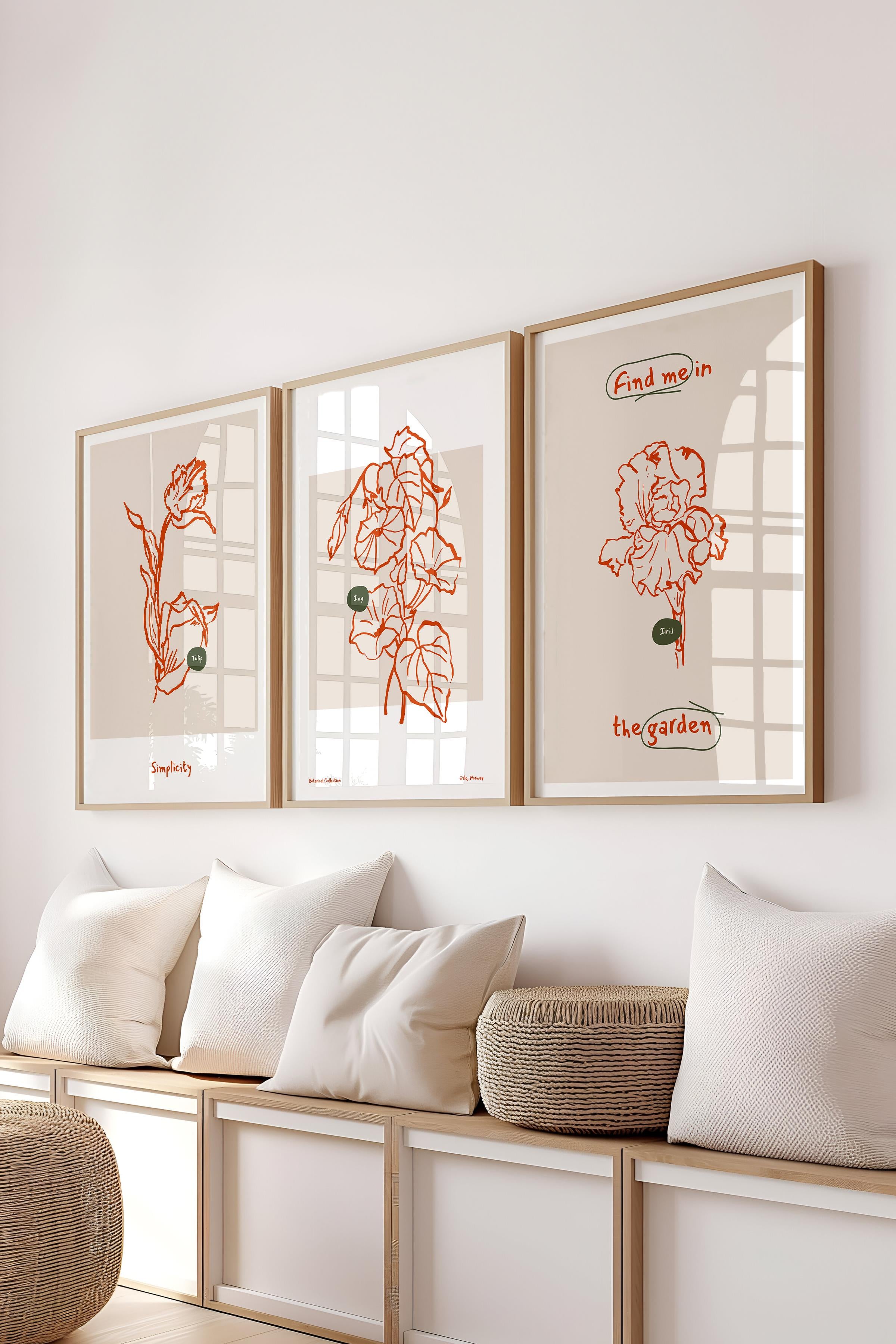 Çerçeveli Tablo Seti, 3 Adet Ahşap Çerçeve ve Minimalist Botanik Temalı Poster Seti, No:300469