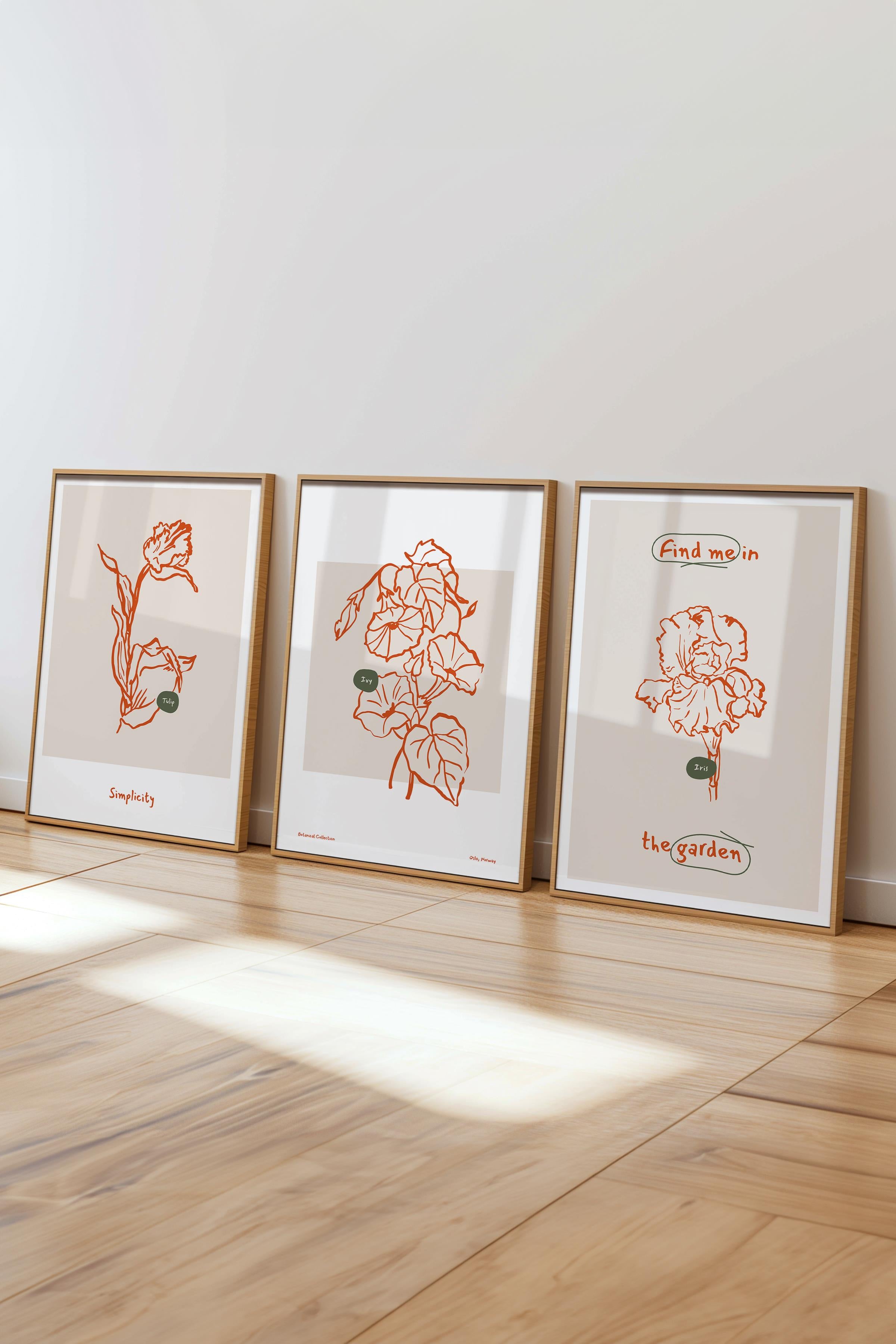 Çerçeveli Tablo Seti, 3 Adet Ahşap Çerçeve ve Minimalist Botanik Temalı Poster Seti, No:300469