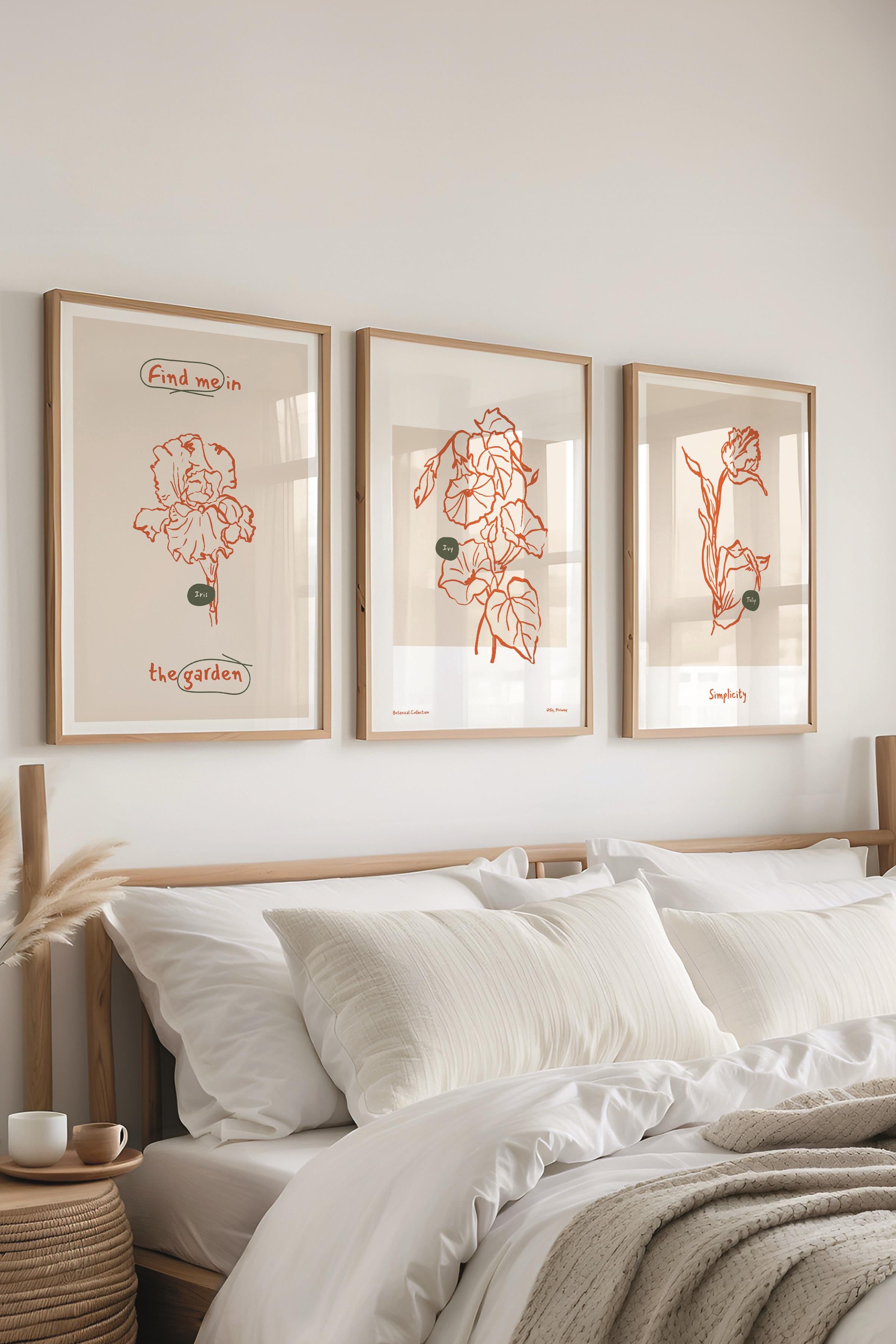 Çerçeveli Tablo Seti, 3 Adet Ahşap Çerçeve ve Minimalist Botanik Temalı Poster Seti, No:300469