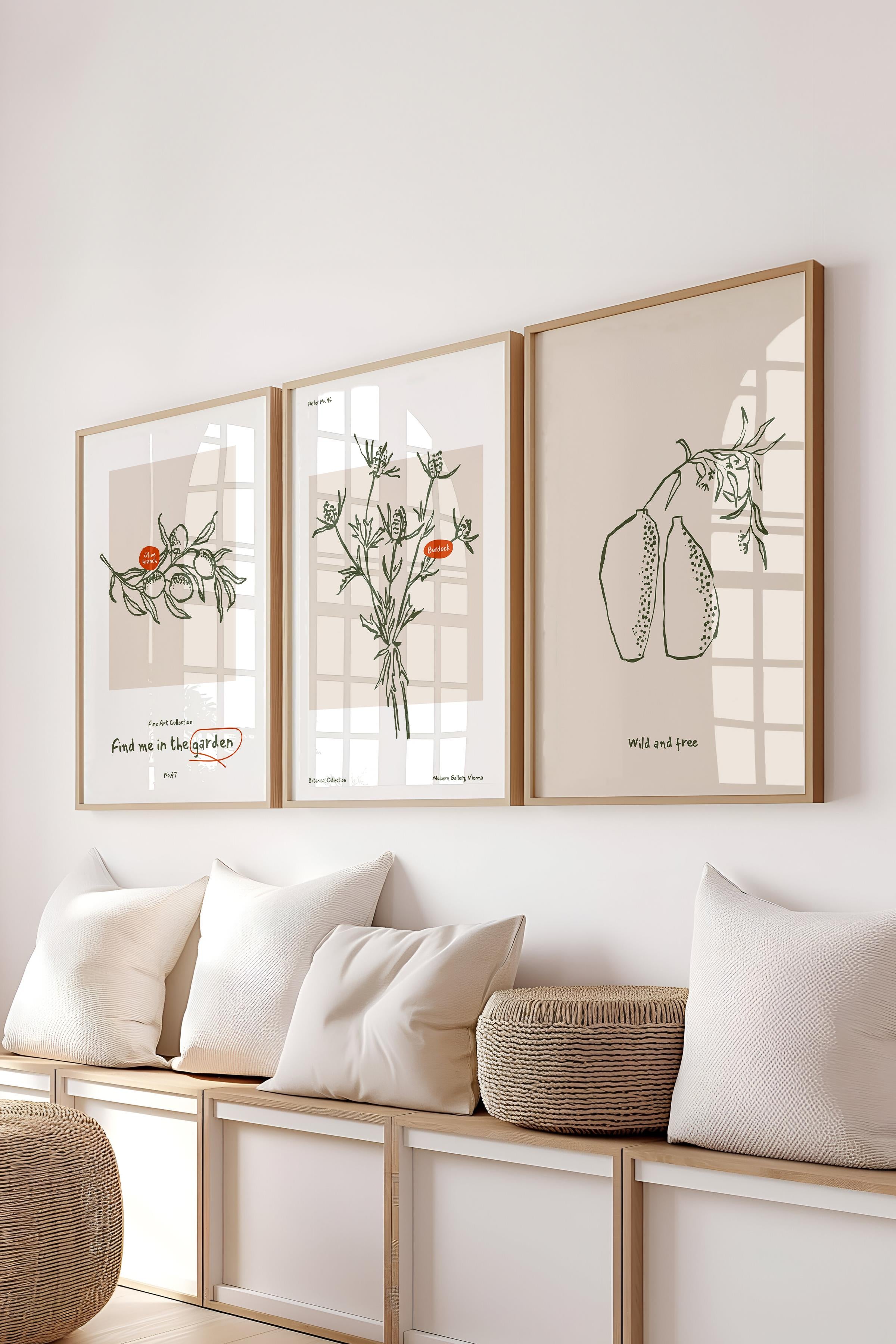 Çerçeveli Tablo Seti, 3 Adet Ahşap Çerçeve ve Minimalist Botanik Temalı Poster Seti, No:300470