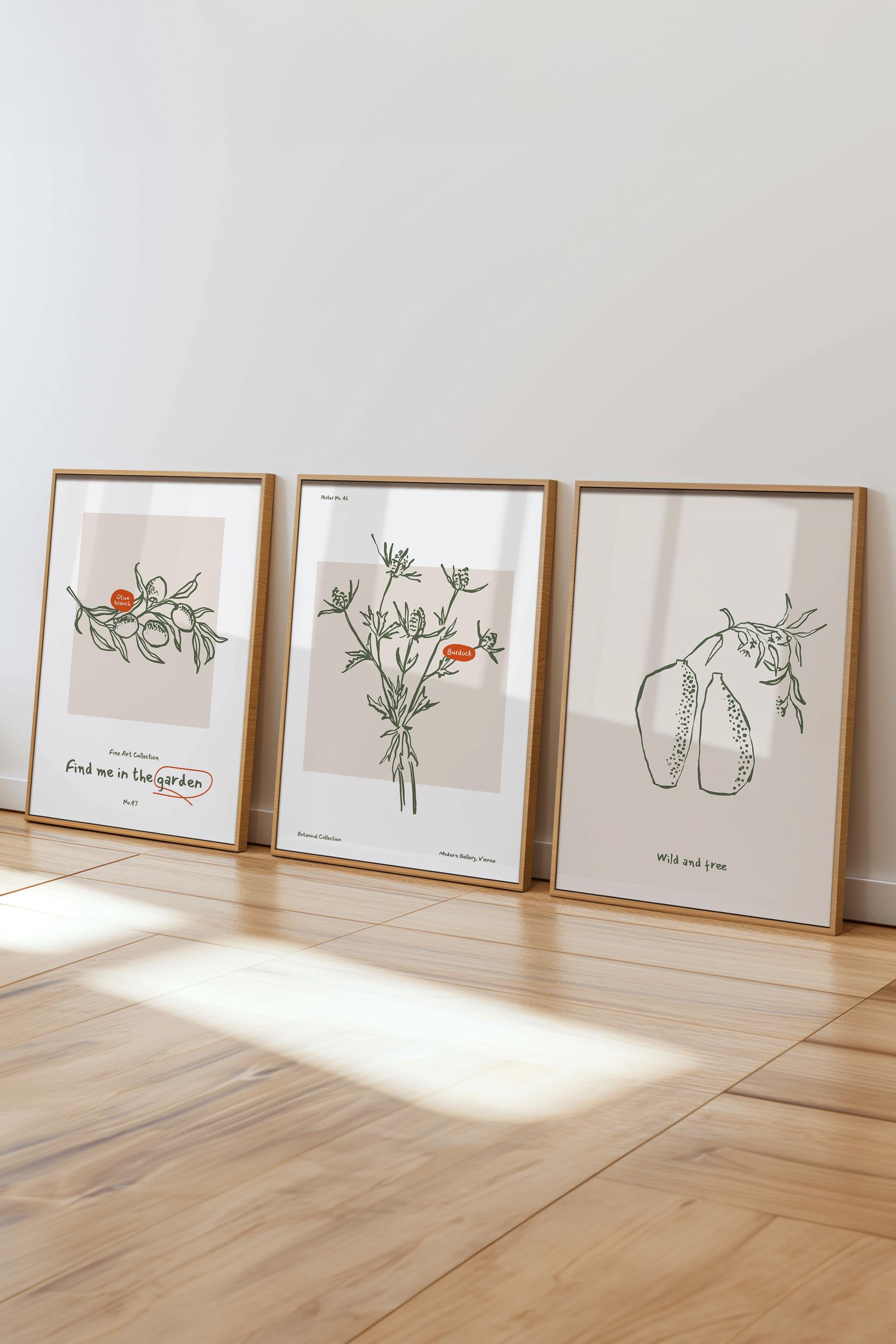 Çerçeveli Tablo Seti, 3 Adet Ahşap Çerçeve ve Minimalist Botanik Temalı Poster Seti, No:300470