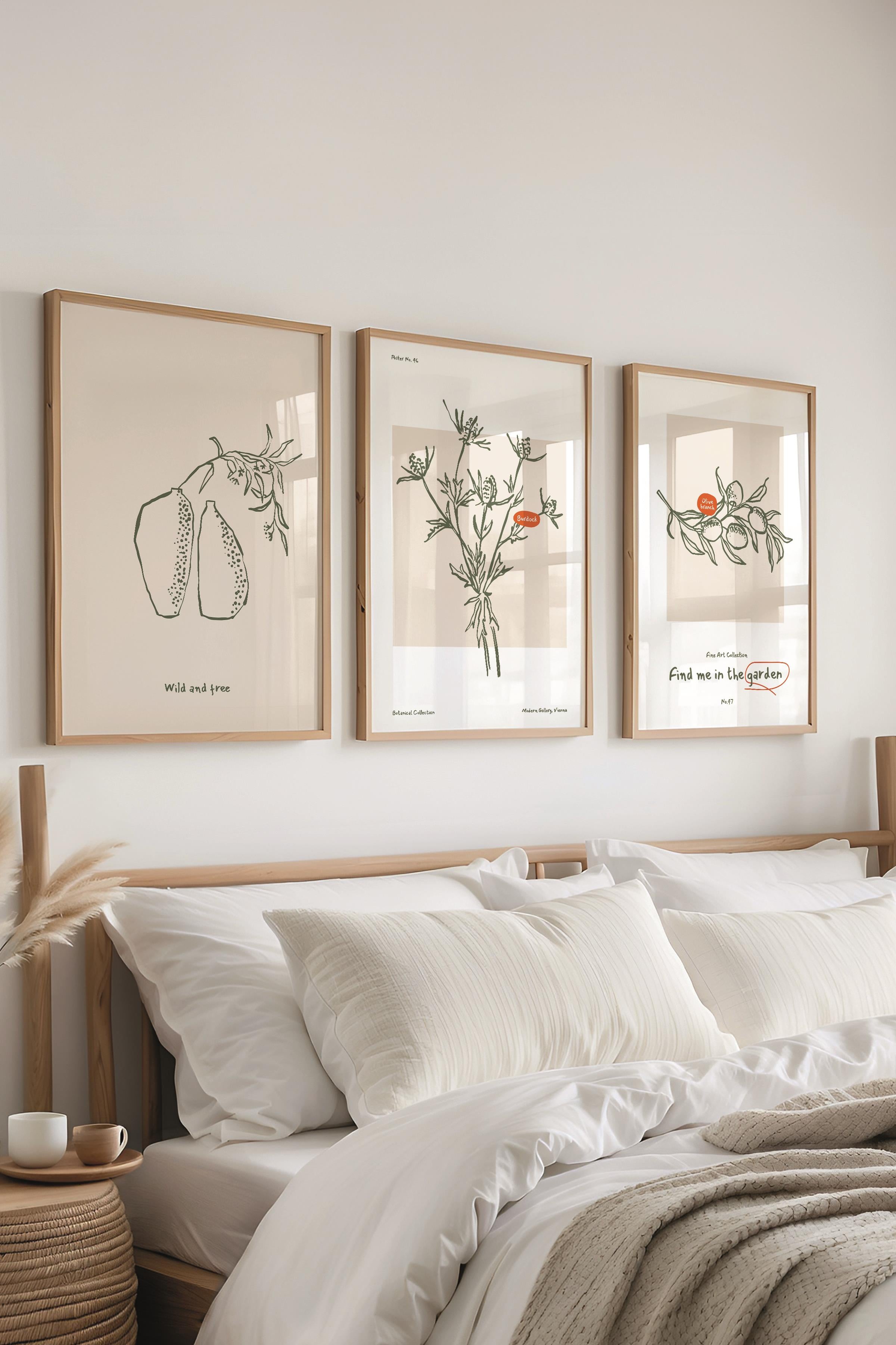 Çerçeveli Tablo Seti, 3 Adet Ahşap Çerçeve ve Minimalist Botanik Temalı Poster Seti, No:300470
