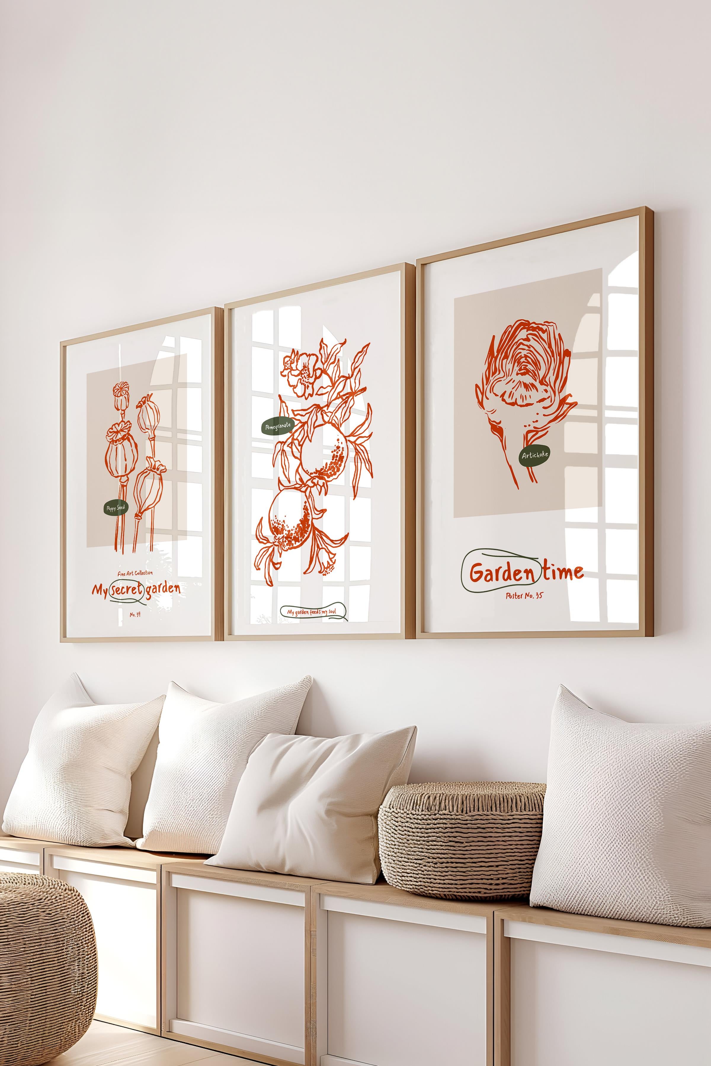 Çerçeveli Tablo Seti, 3 Adet Ahşap Çerçeve ve Minimalist Botanik Temalı Poster Seti, No:300471
