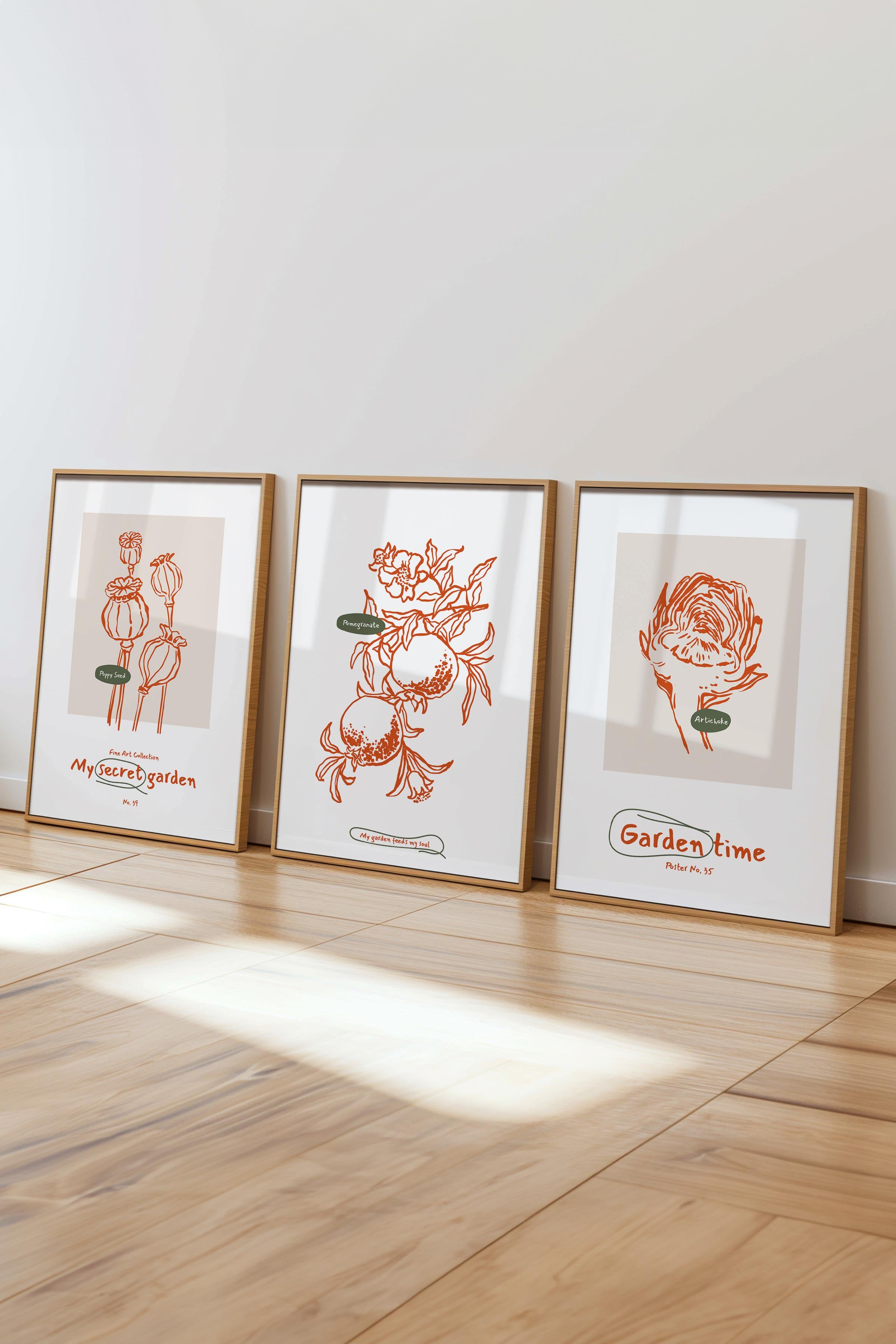 Çerçeveli Tablo Seti, 3 Adet Ahşap Çerçeve ve Minimalist Botanik Temalı Poster Seti, No:300471